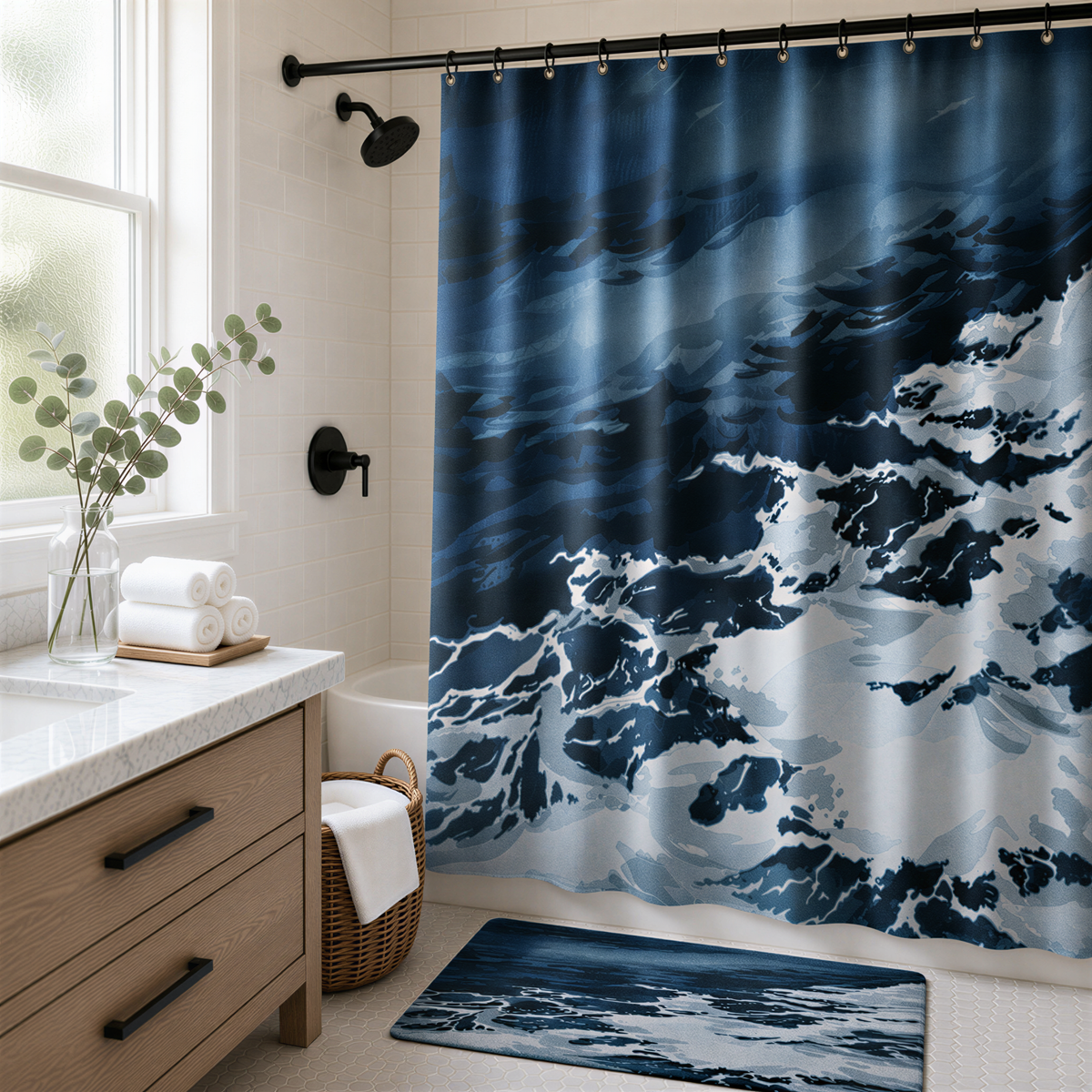 a bathroom with a shower curtain featuring a wave pattern, a wooden vanity with a white countertop, and a basket of towels.
