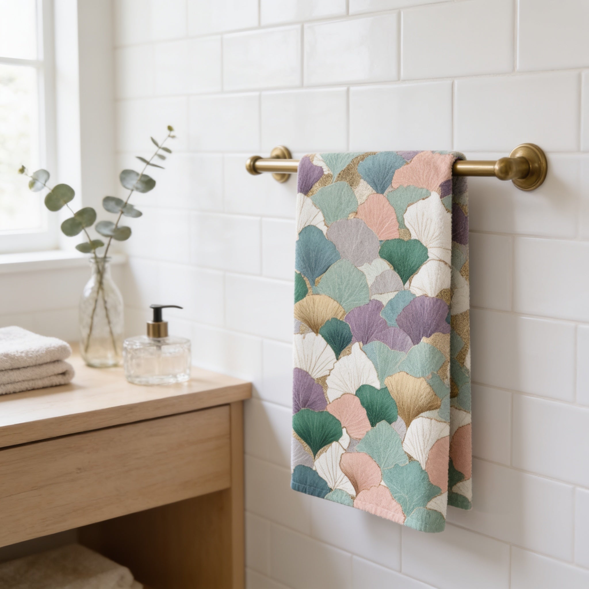 a bathroom setting with a towel rack holding a colorful, patterned towel, a soap dispenser, and a small vase with greenery.
