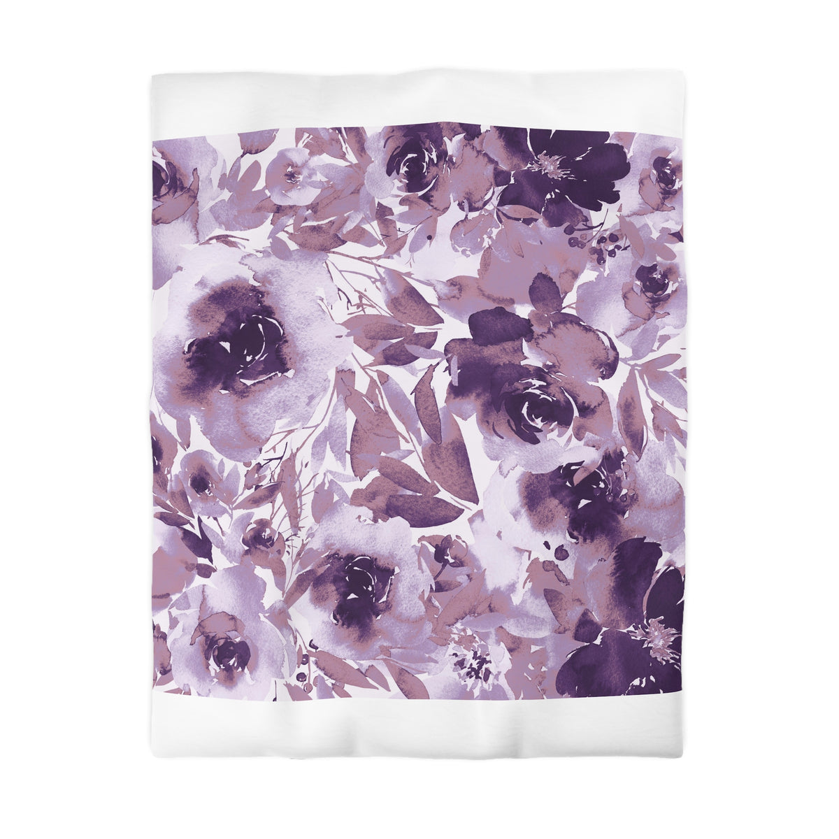 a square-shaped floral pattern with a variety of purple and white flowers and leaves. The pattern is predominantly purple, with some white accents. The flowers appear to be in different stages of bloom, creating a dynamic and visually interesting composition.