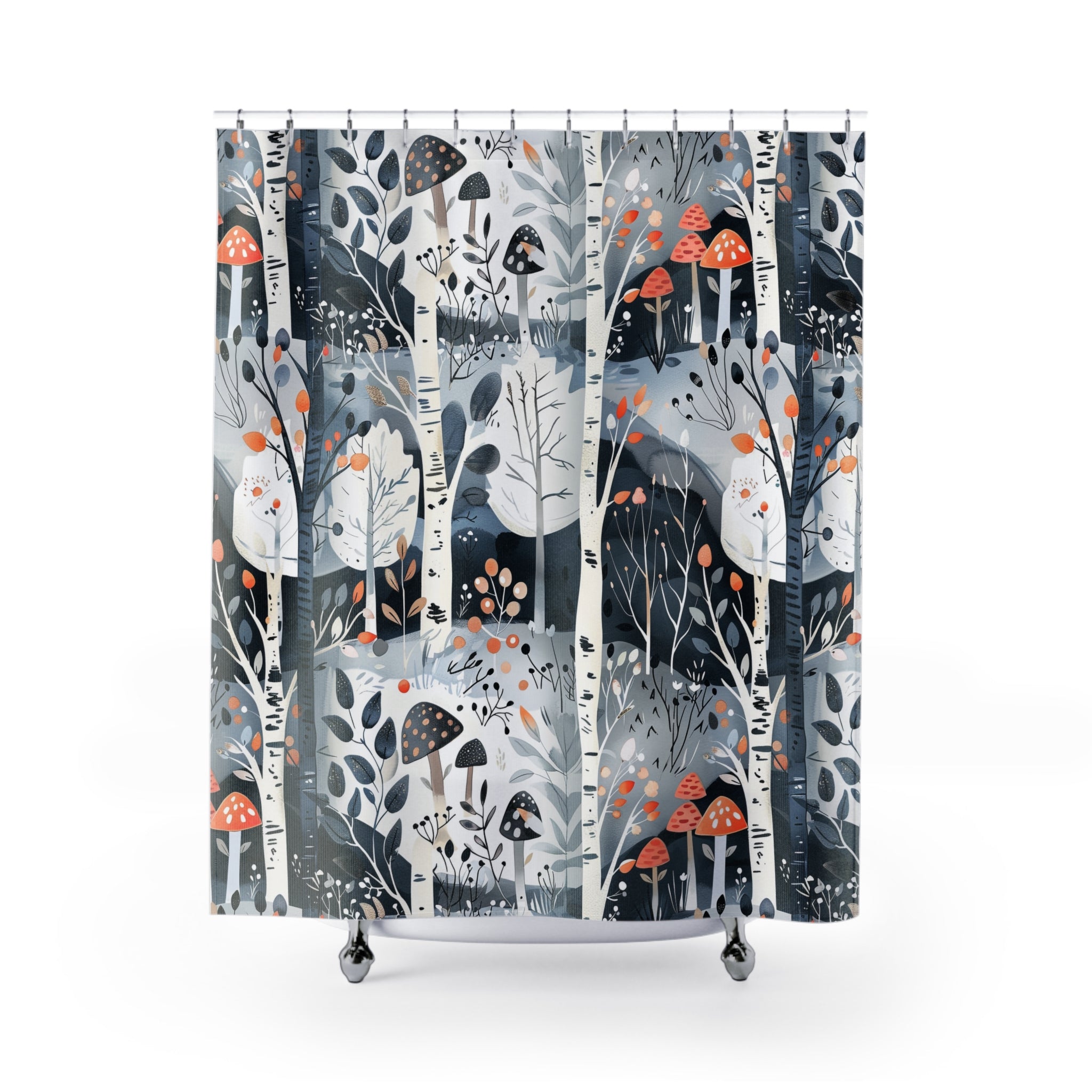 Mushroom Shower Curtain | Navy Blue Orange Forest