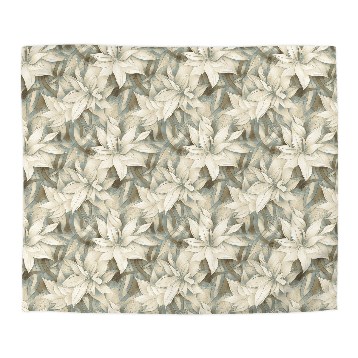 a repeating pattern of white flowers with green leaves, creating a visually appealing and harmonious design.