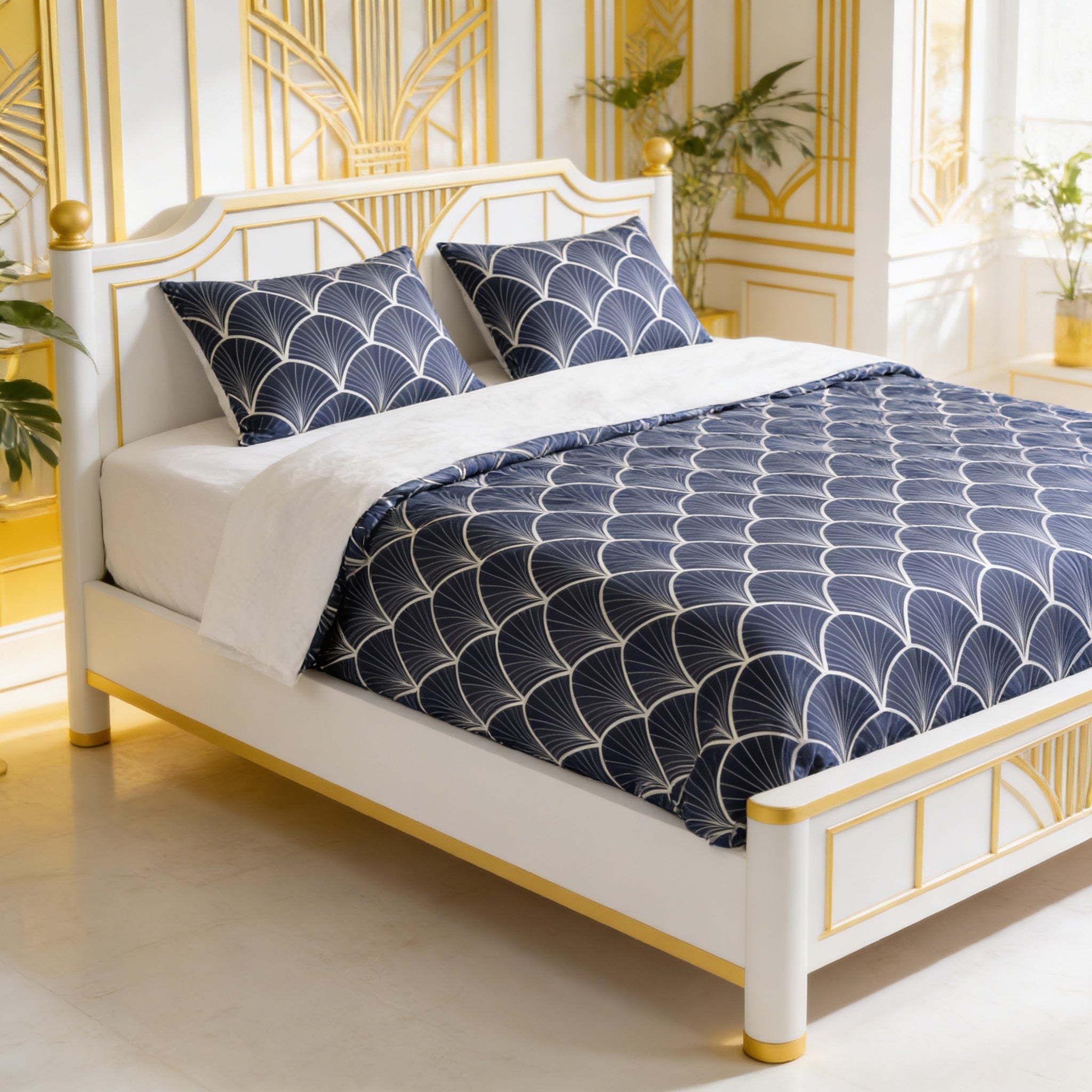 a luxurious bedroom with a white bed frame and a blue and white patterned comforter. The bed is set against a backdrop of gold-colored walls, creating a striking contrast. The room also includes decorative elements such as potted plants and a vase, adding to the overall elegance and sophistication of the space.