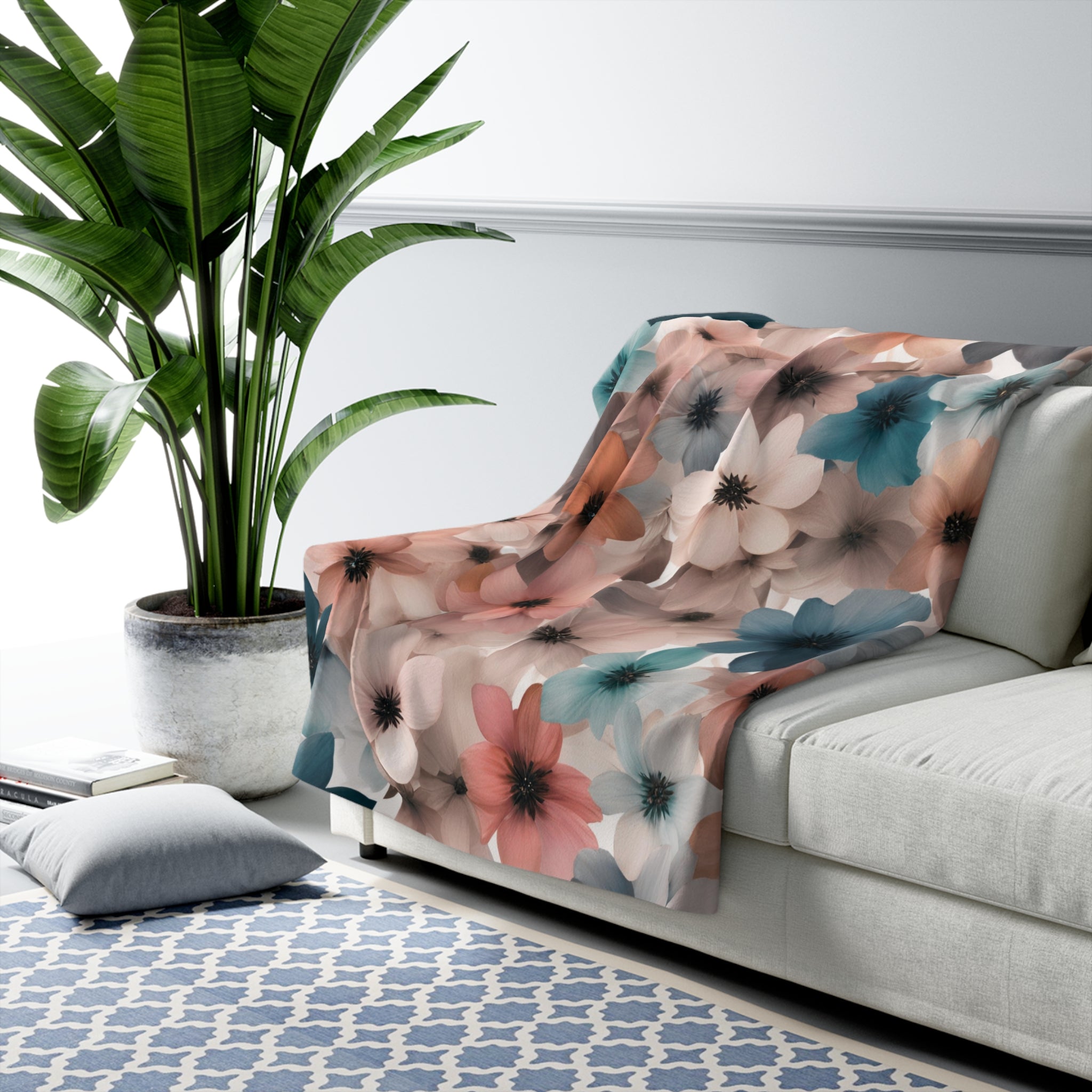 Fall Floral Throw Blanket | Pink Beige, Blue Cream Flowers