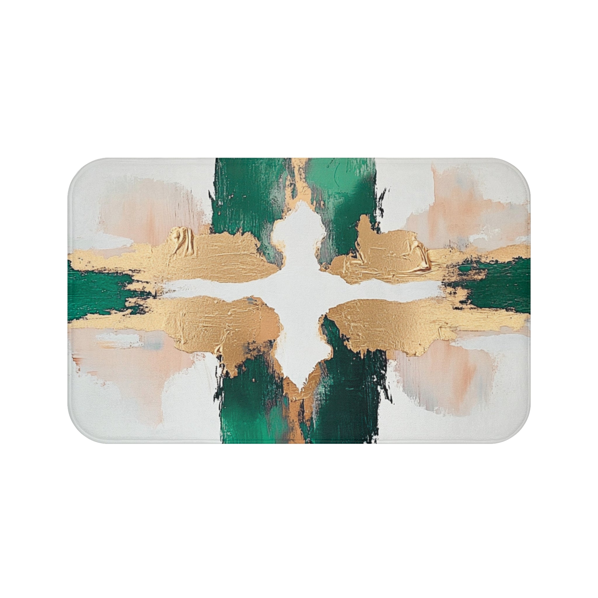 Abstract Bath Mat | Green White, Muted Gold Beige Kitchen Mat