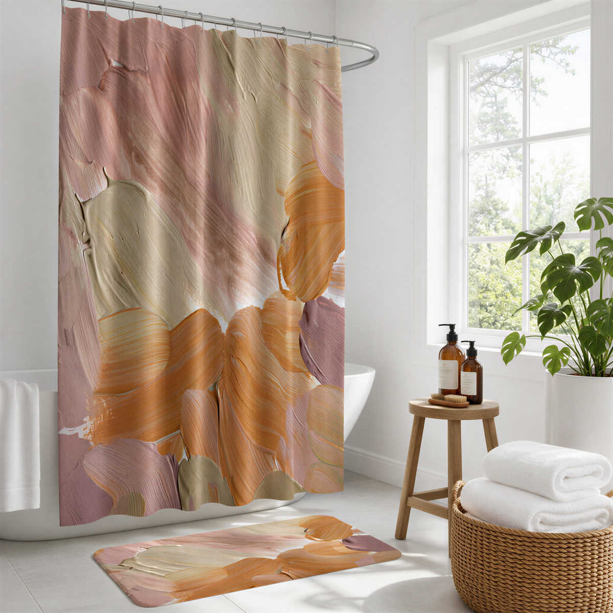 a bathroom with a shower curtain featuring a vibrant abstract floral pattern in shades of pink, orange, and yellow. The bathroom is well-lit, with a window providing natural light and a potted plant adding a touch of greenery. There is a wooden stool and a basket of folded towels in the room, creating a cozy and inviting atmosphere.