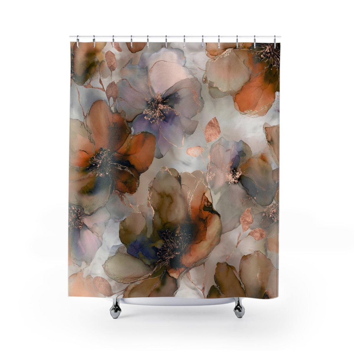 Rust lavender watercolor floral shower curtain, front view, 71x74 inches