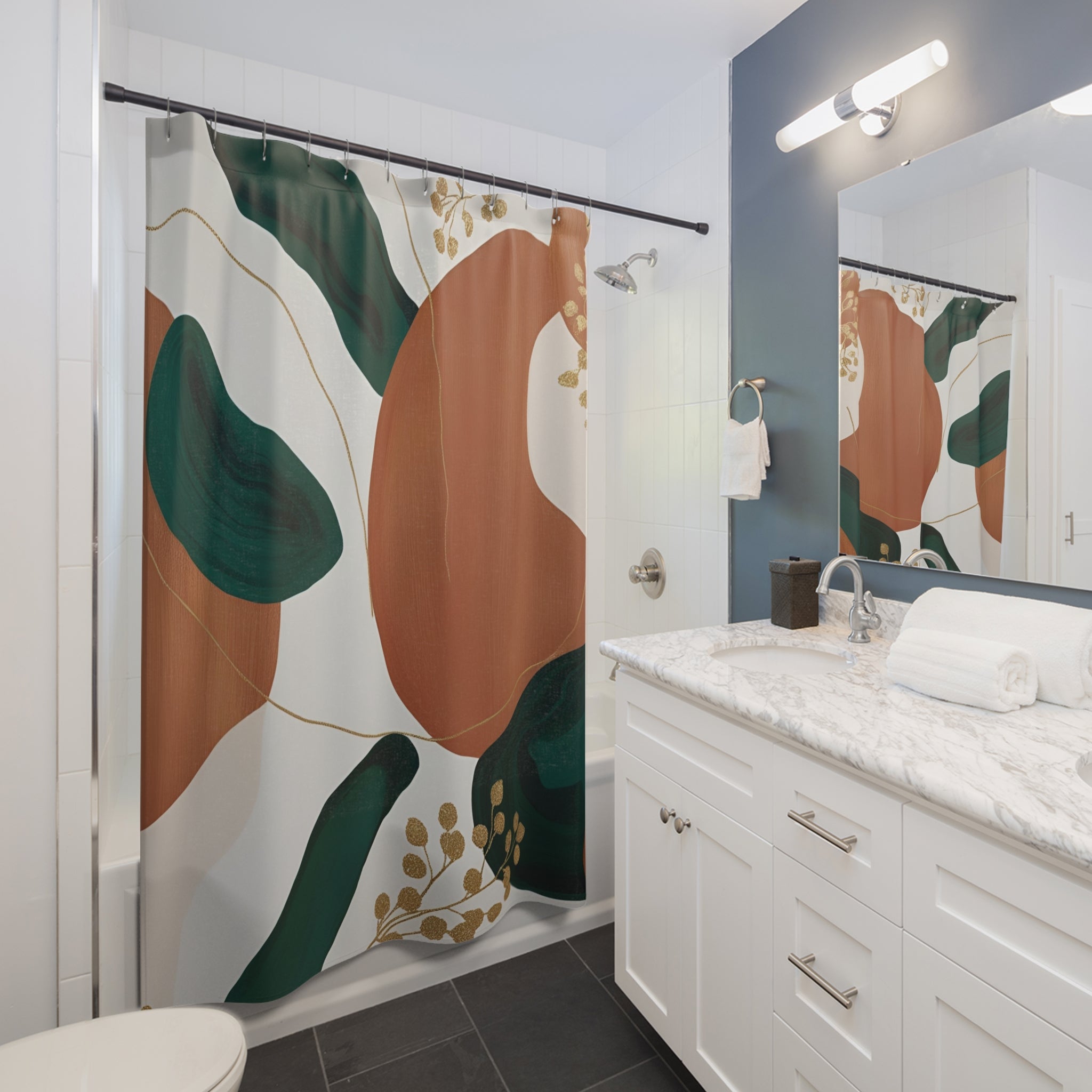 Boho Abstract Shower Curtain | Burnt Orange, Green, Gold Leaves