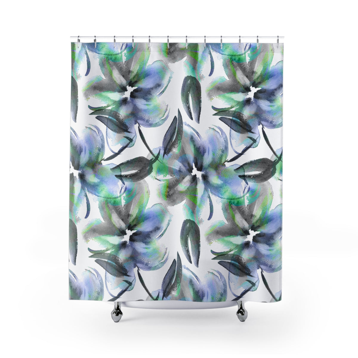 Blue Green Watercolor Iris Shower Curtain, Bath Curtain 71x74