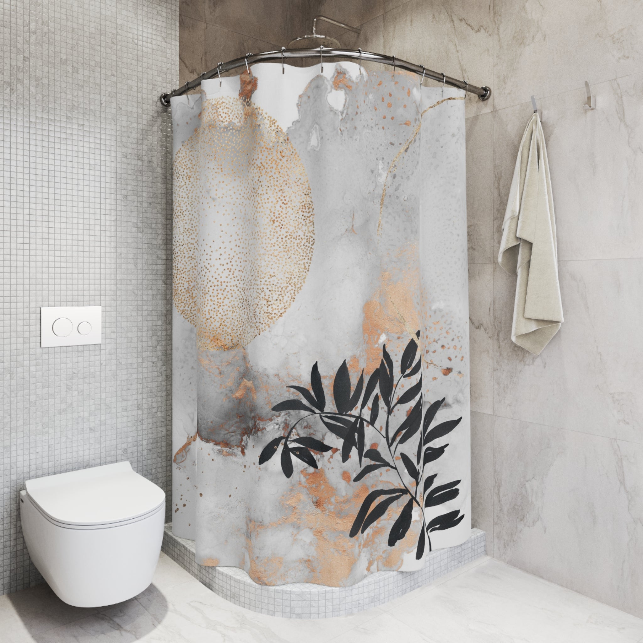 Boho Shower Curtain | Grey Gold Ombre Black Leaves