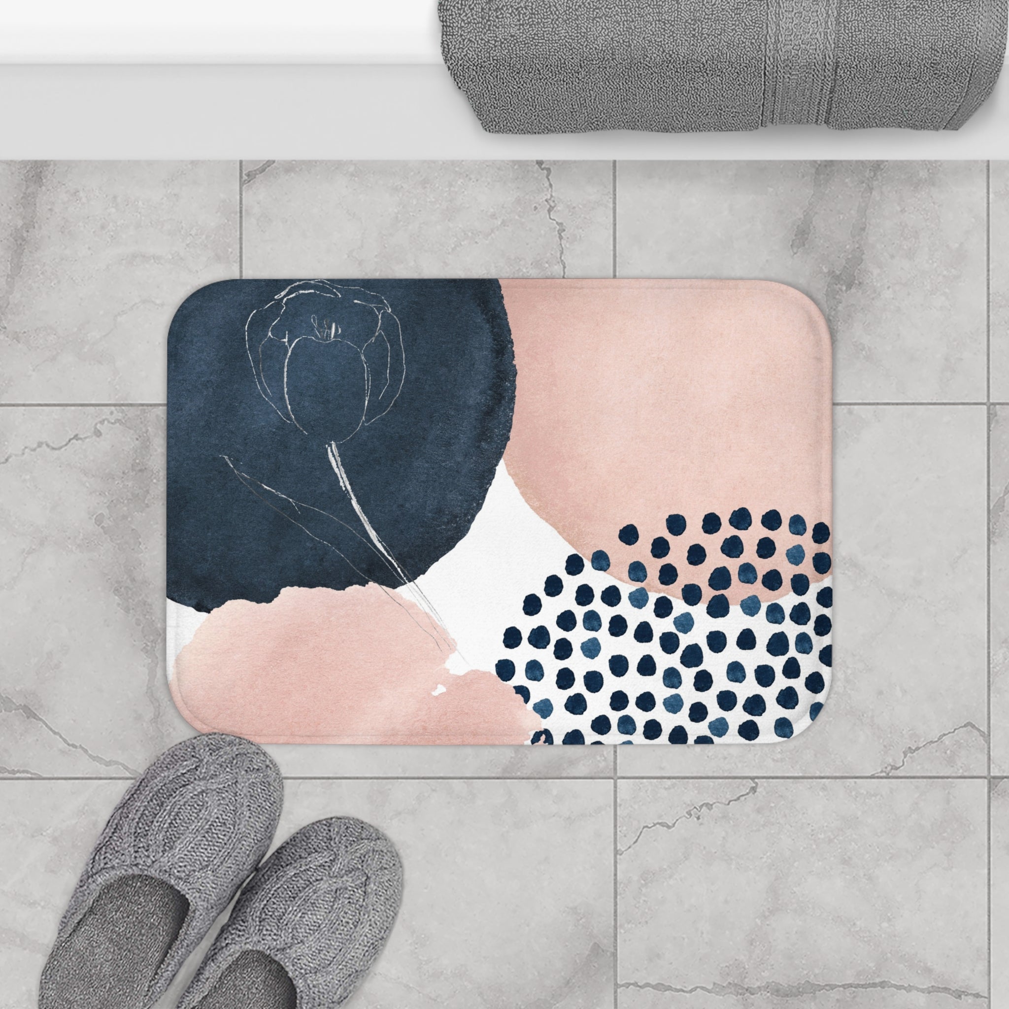 Abstract Floral Bath Mat | Blush, Navy Blue White Watercolor Kitchen Mat
