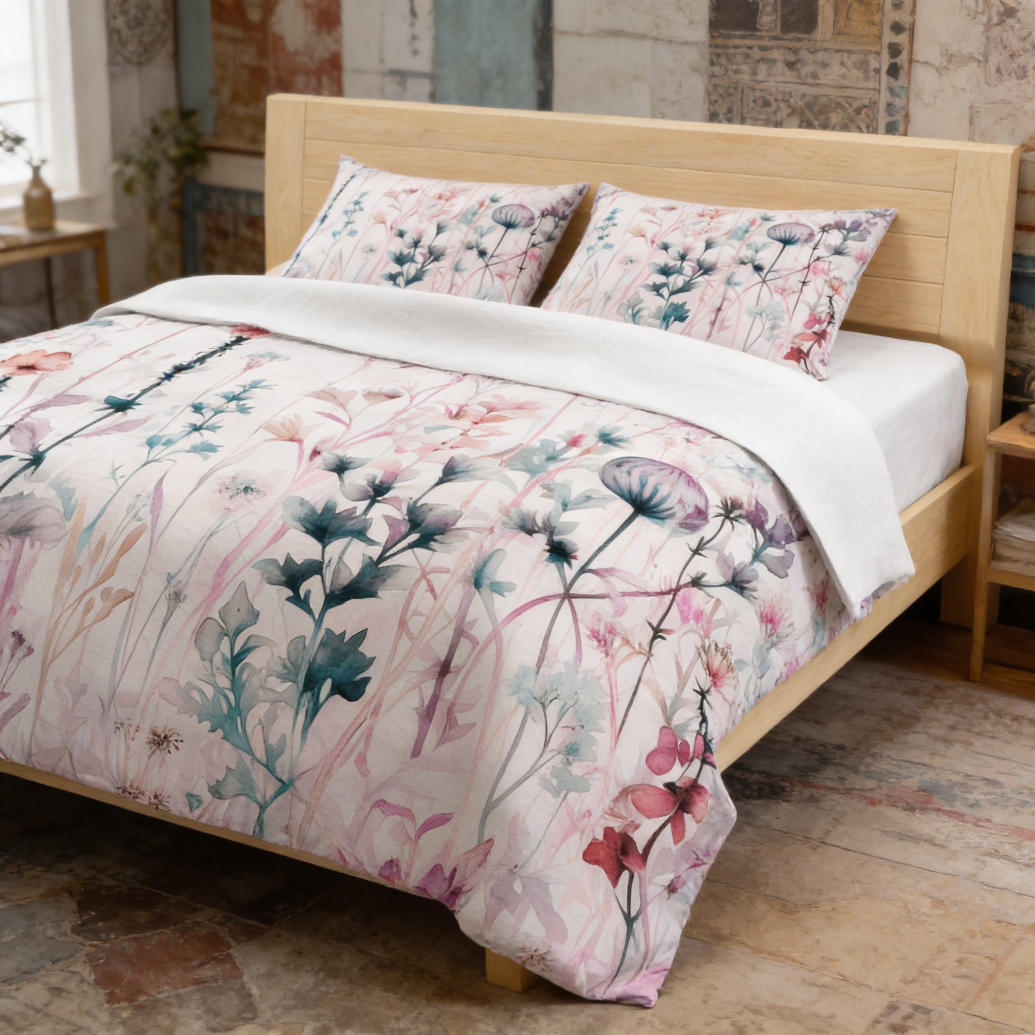 a bedroom with a bed featuring a floral print comforter and pillows. The bed is made up with a white sheet and has a wooden headboard. The room has a rustic, vintage-inspired decor with exposed brick walls and a wooden floor.