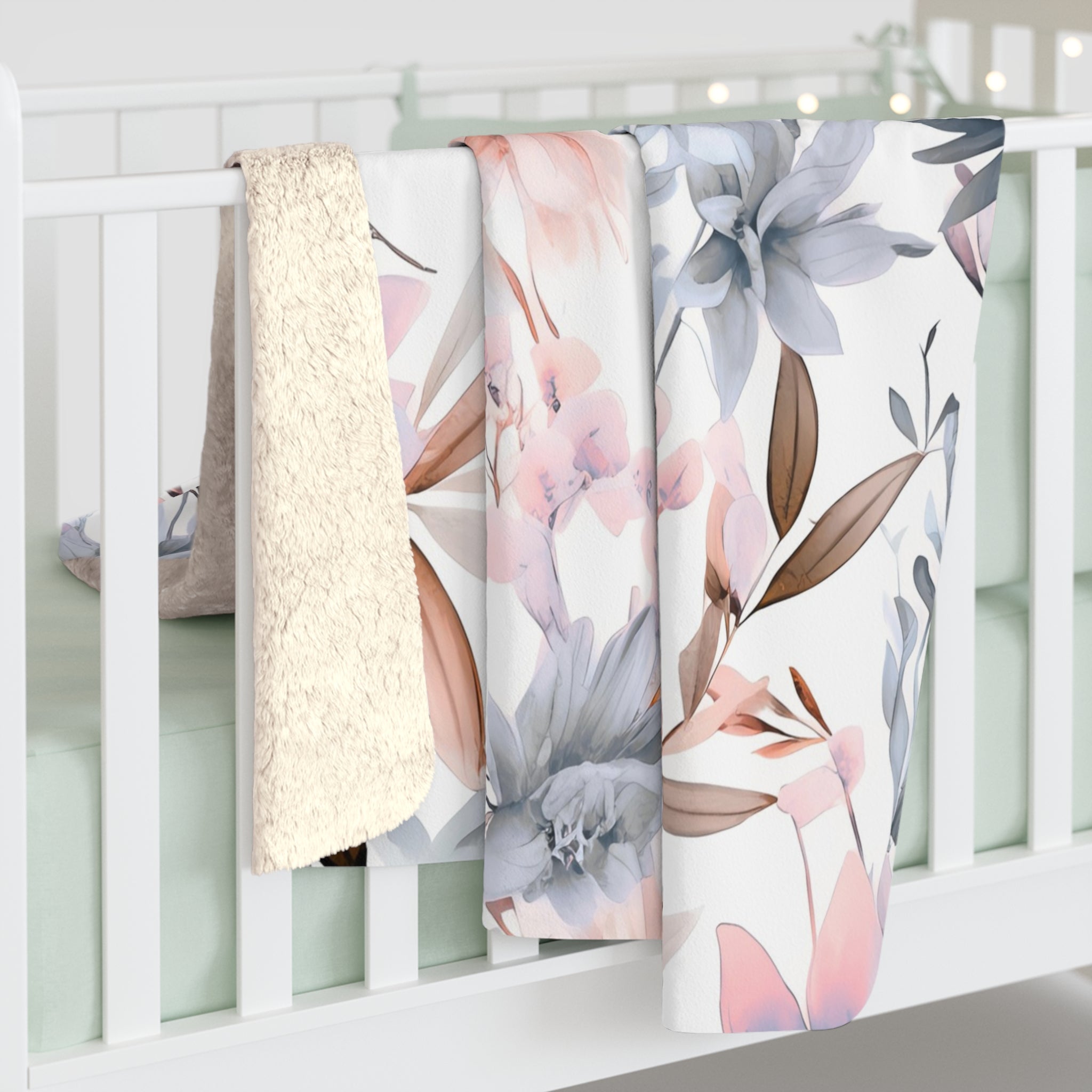 Floral Throw Blanket | White Blush Pink, Pale Blue Beige