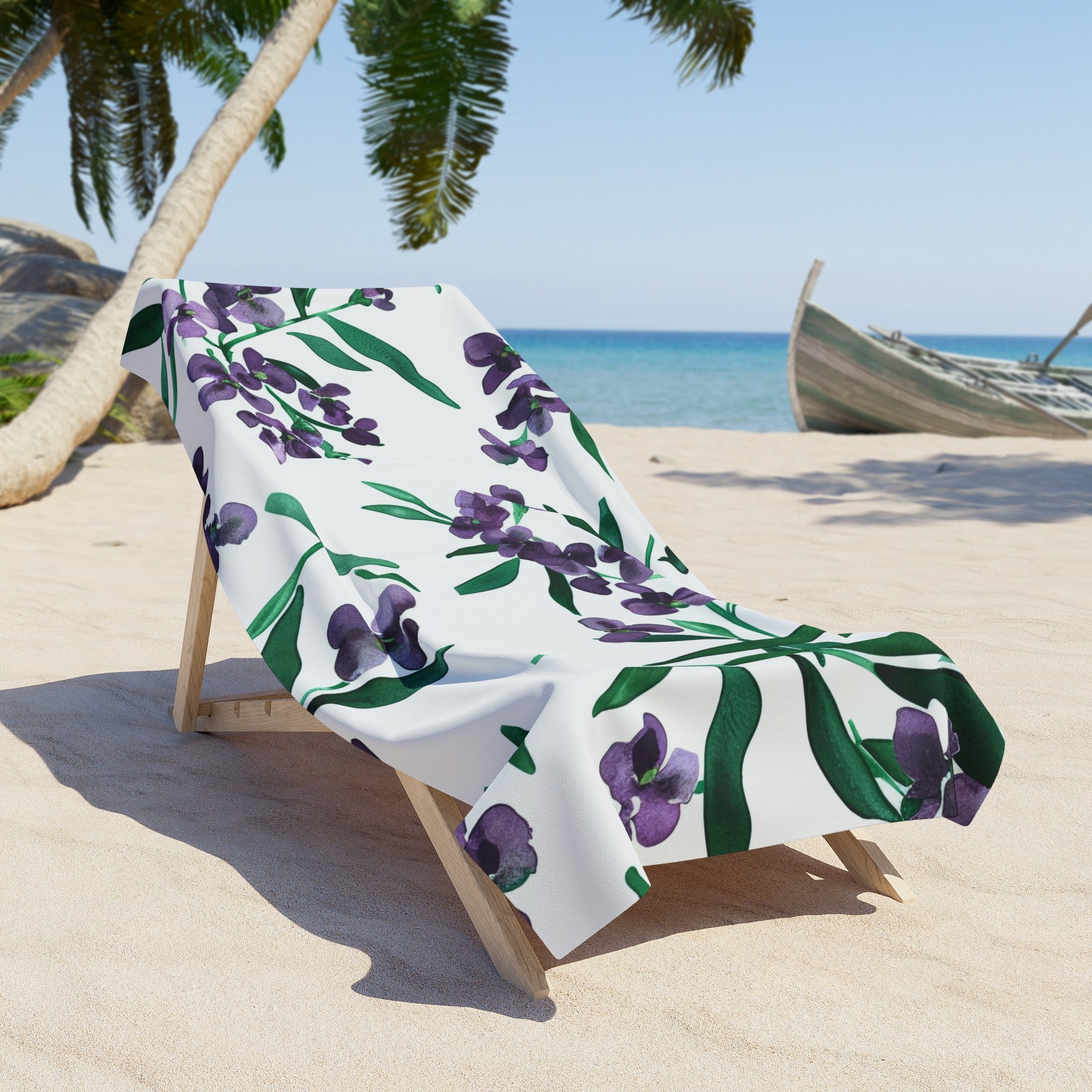 Floral Bath, Beach Towel | Botanical White Purple, Green Watercolor