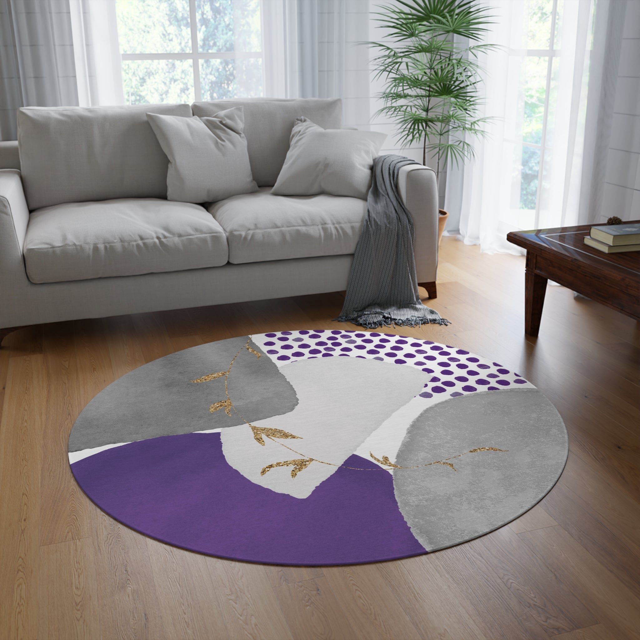 Round Boho Area Rug | Modern Grey, Lilac Lavender Purple Bathroom Decor