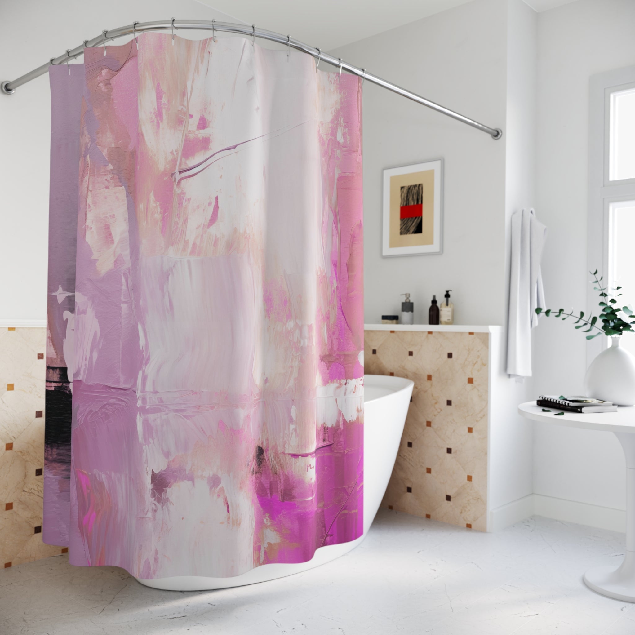 Boho Shower Curtain | Fuchsia Pink, White