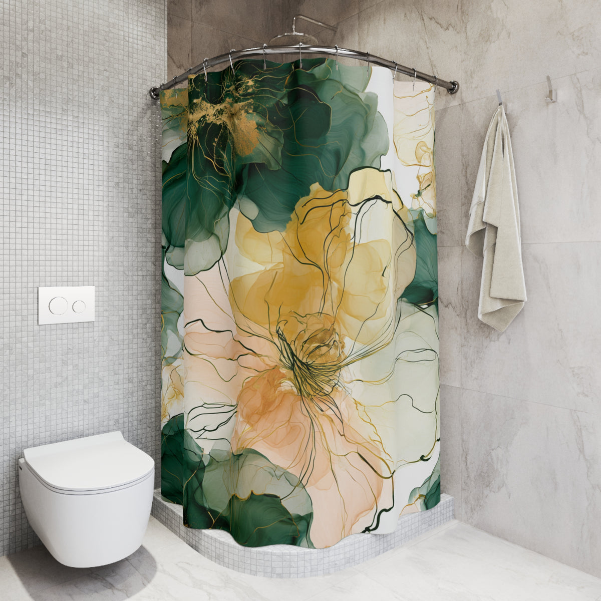 Green Mustard Line Art Floral Shower Curtain, Bath Curtain