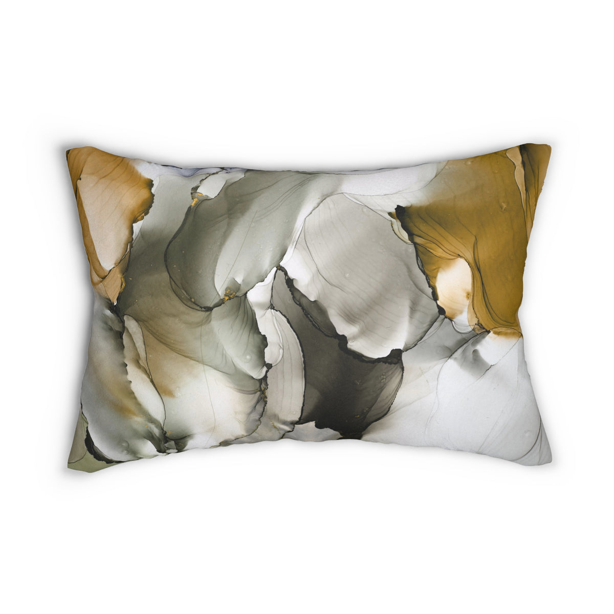 Mustard Olive Gray Abstract Alcohol Ink Lumbar Pillow