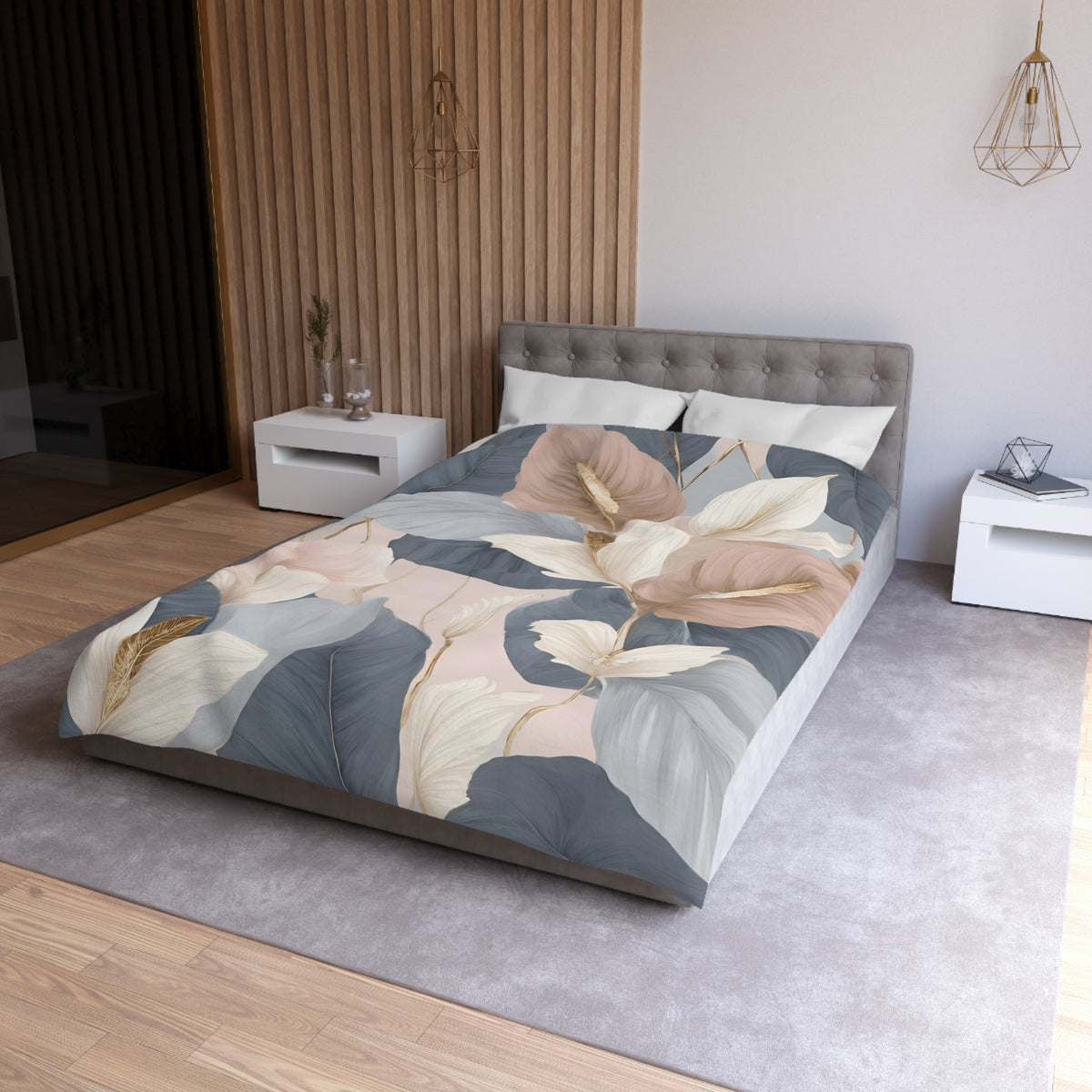 a modern bedroom with a large bed covered in a floral print comforter. The bed is positioned against a wall with a wooden panel design. The room also features a nightstand on the left side and a pendant light hanging above the bed.