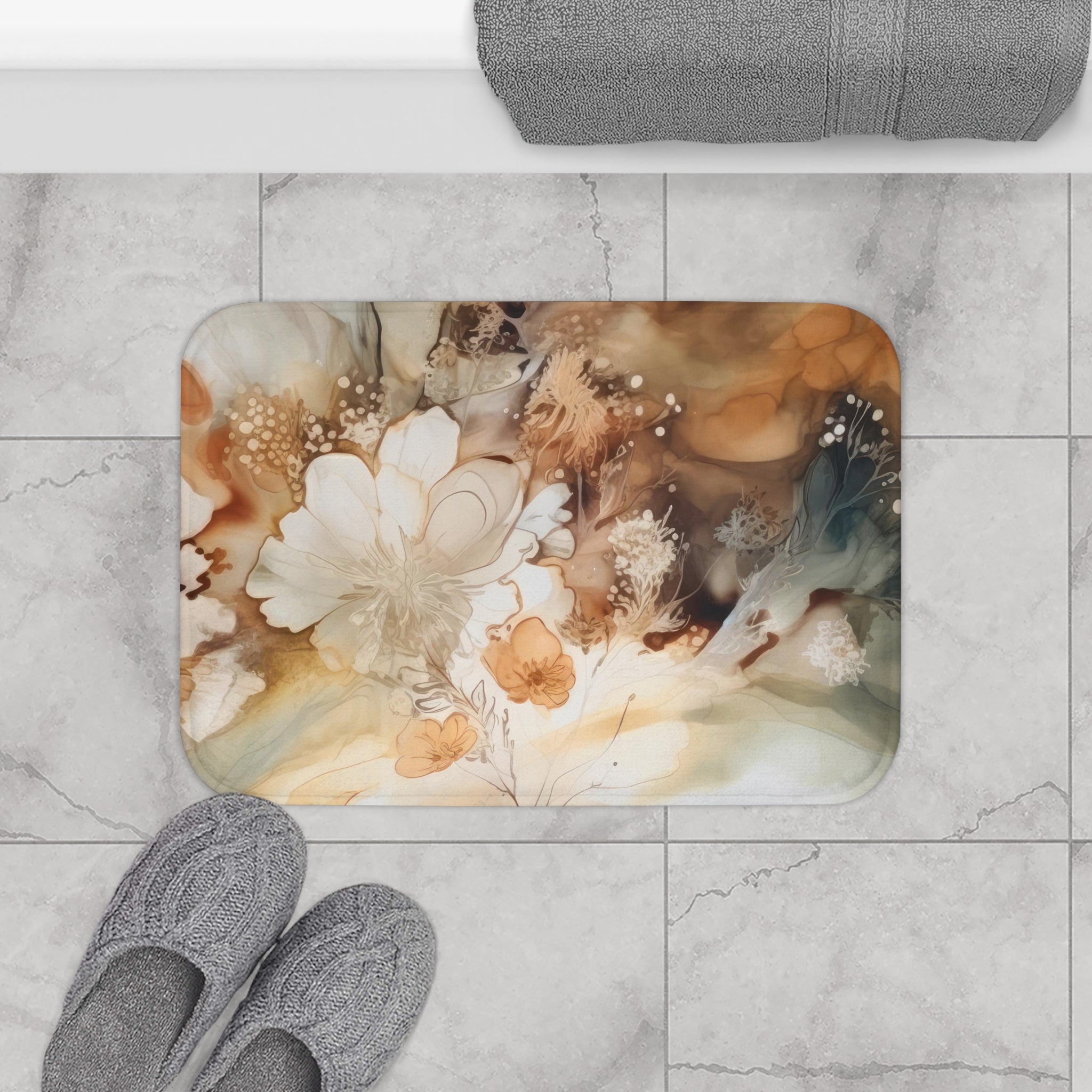 Abstract Bath, Kitchen Mat, Rug | Neutral Rust Ombre Liquid Alcohol Ink