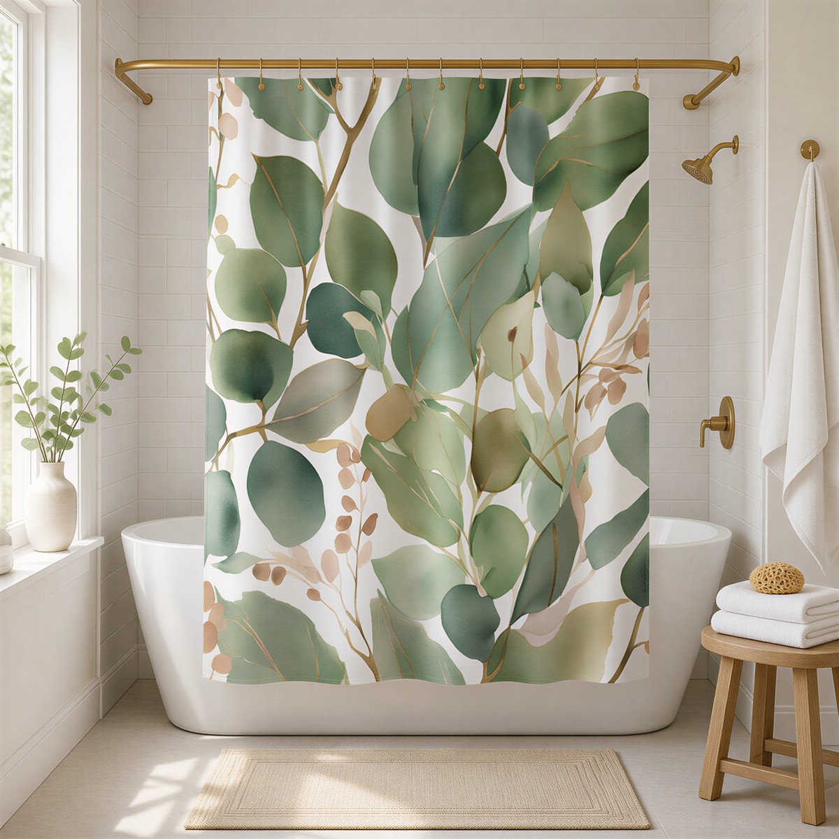 a bathroom with a shower curtain featuring a green leaf pattern. The curtain is hanging from a gold rod above a white bathtub. The bathroom also includes a wooden stool, a white towel, and a potted plant.
