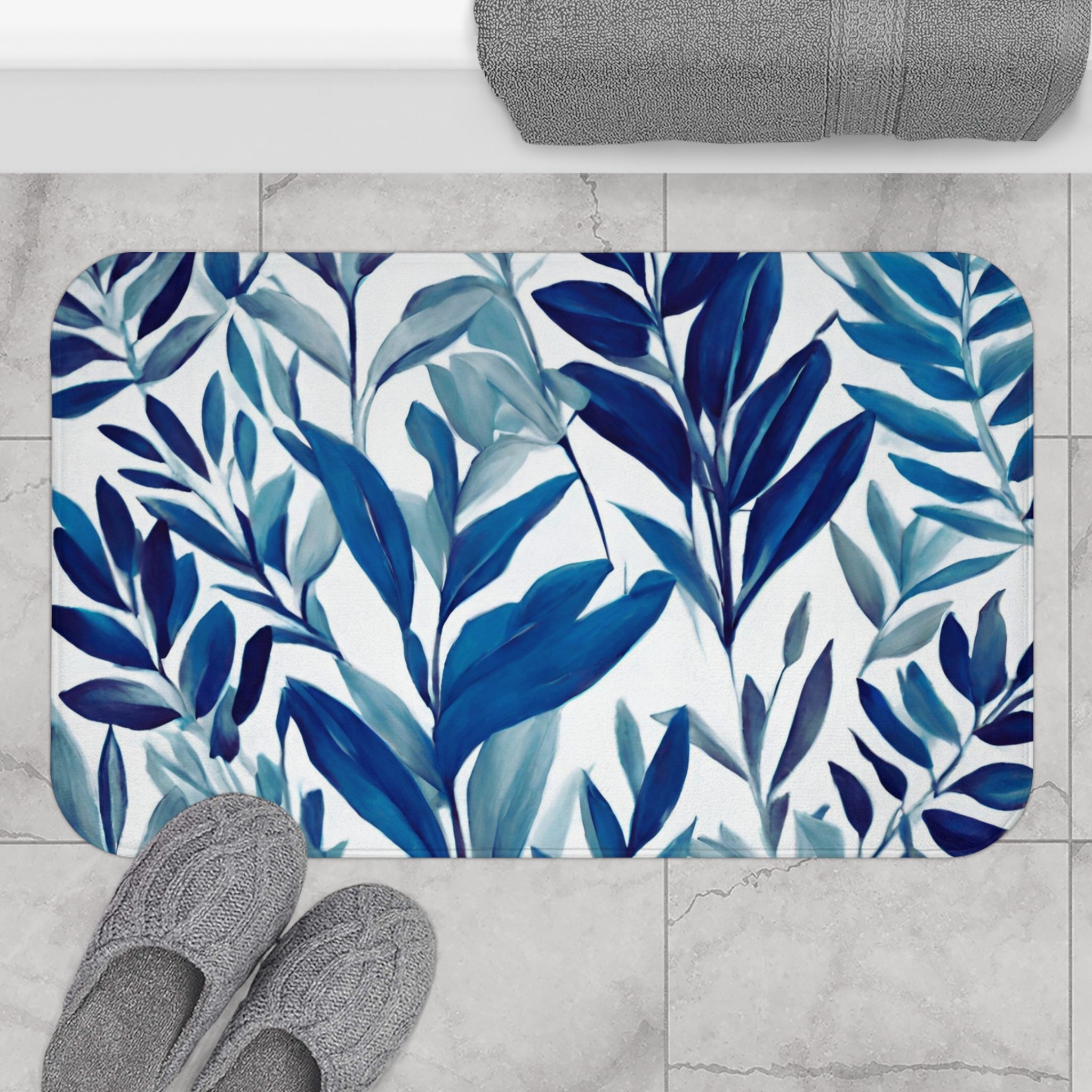 Floral Bath Mat, Kitchen Mat | Indigo Navy Teal Blue White