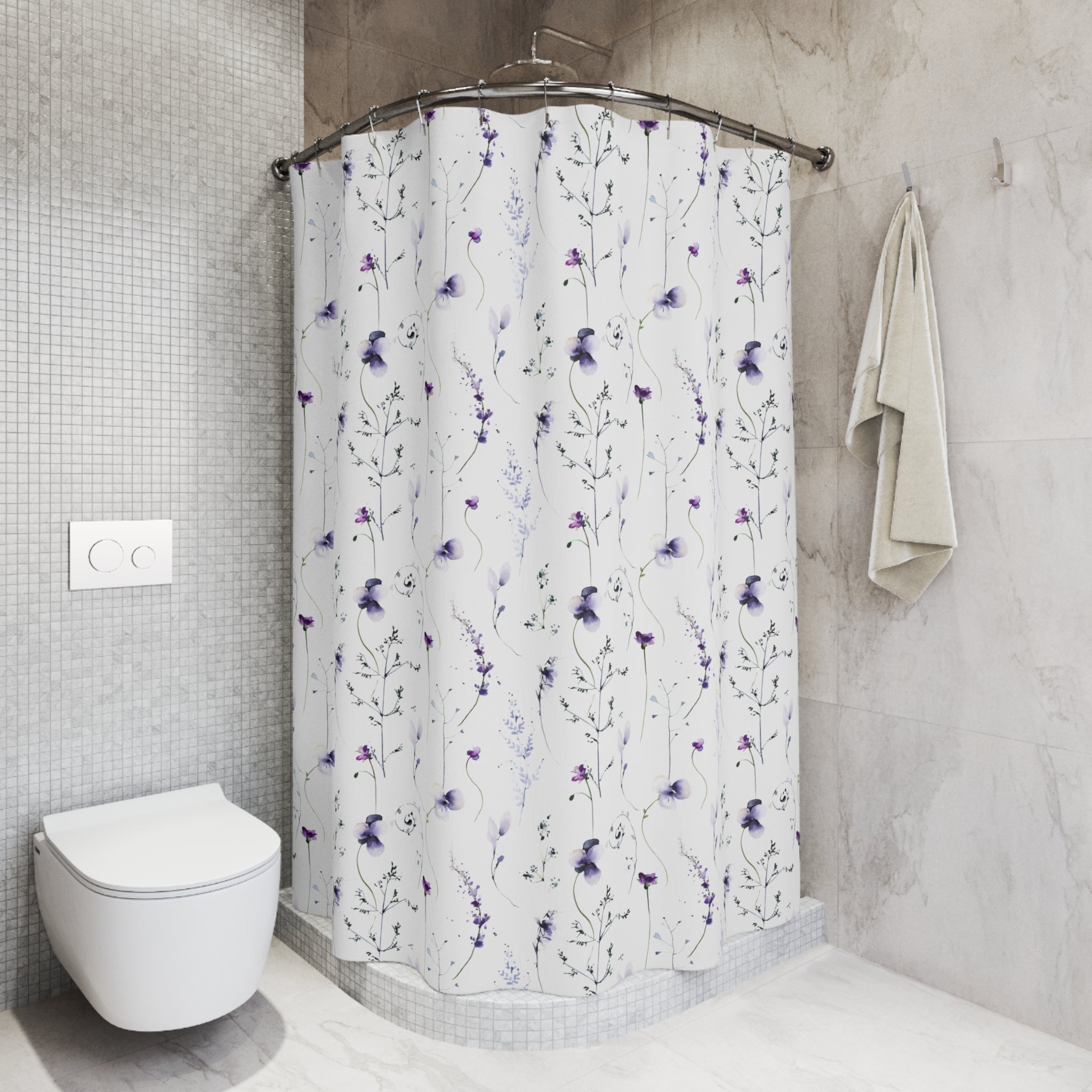 Boho Shower Curtain | White Purple Florals