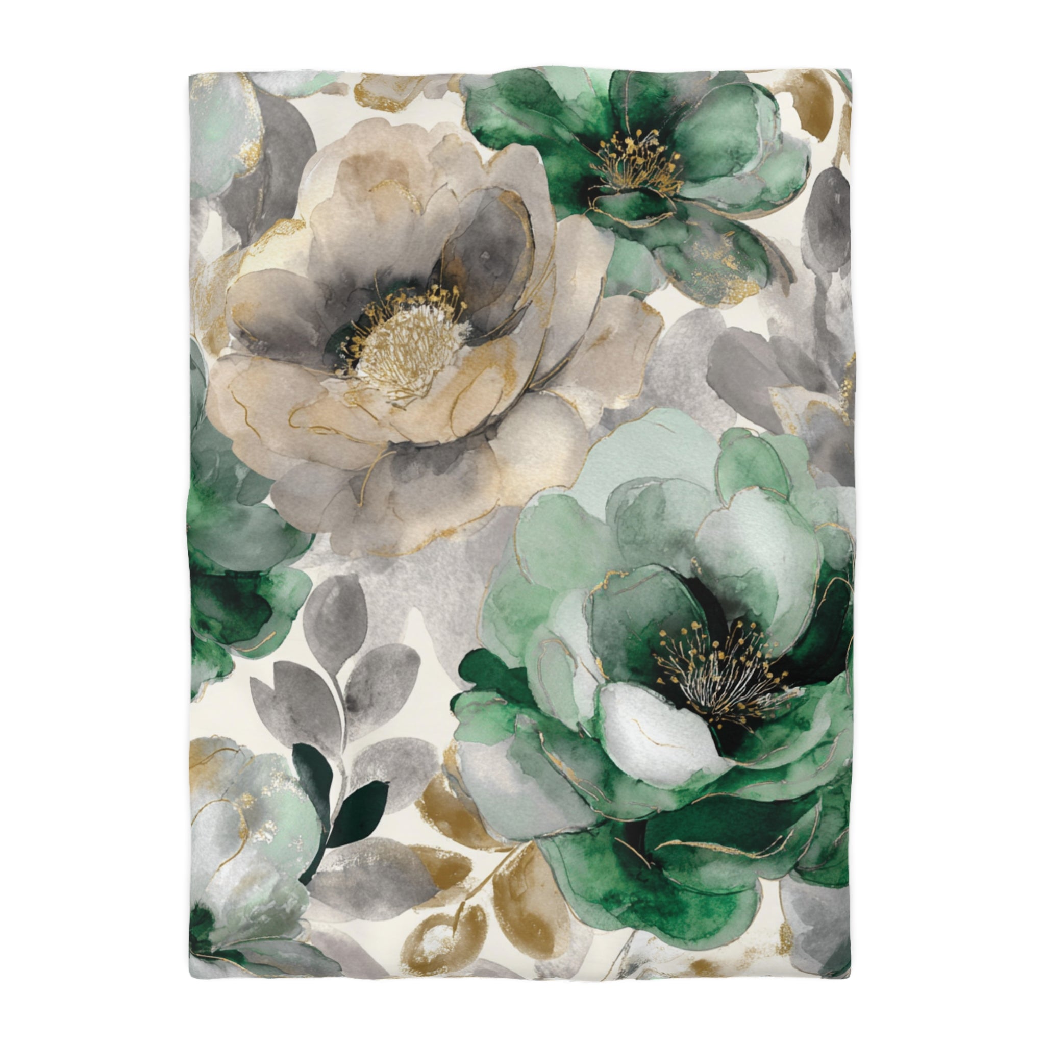 a floral pattern with large, colorful flowers in shades of green, white, and gold.