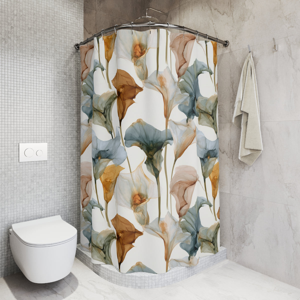 a bathroom with a shower curtain adorned with a floral pattern in shades of blue, green, and orange. The shower curtain is hanging on a rod next to a towel rack. The bathroom also includes a toilet and a sink.
