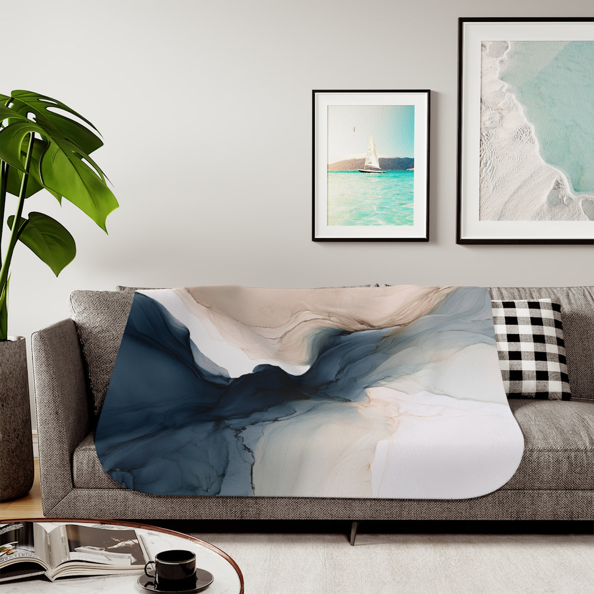 a living room with a couch and a painting on the wall