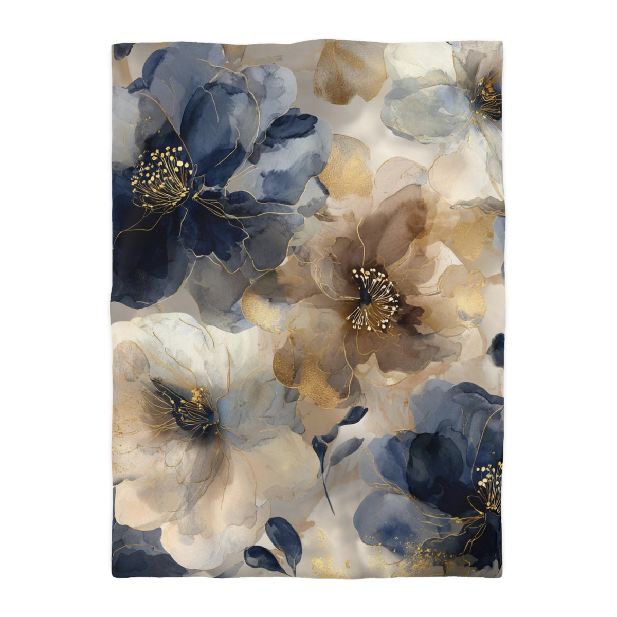 a floral pattern with blue, white, and brown flowers, along with gold accents.
