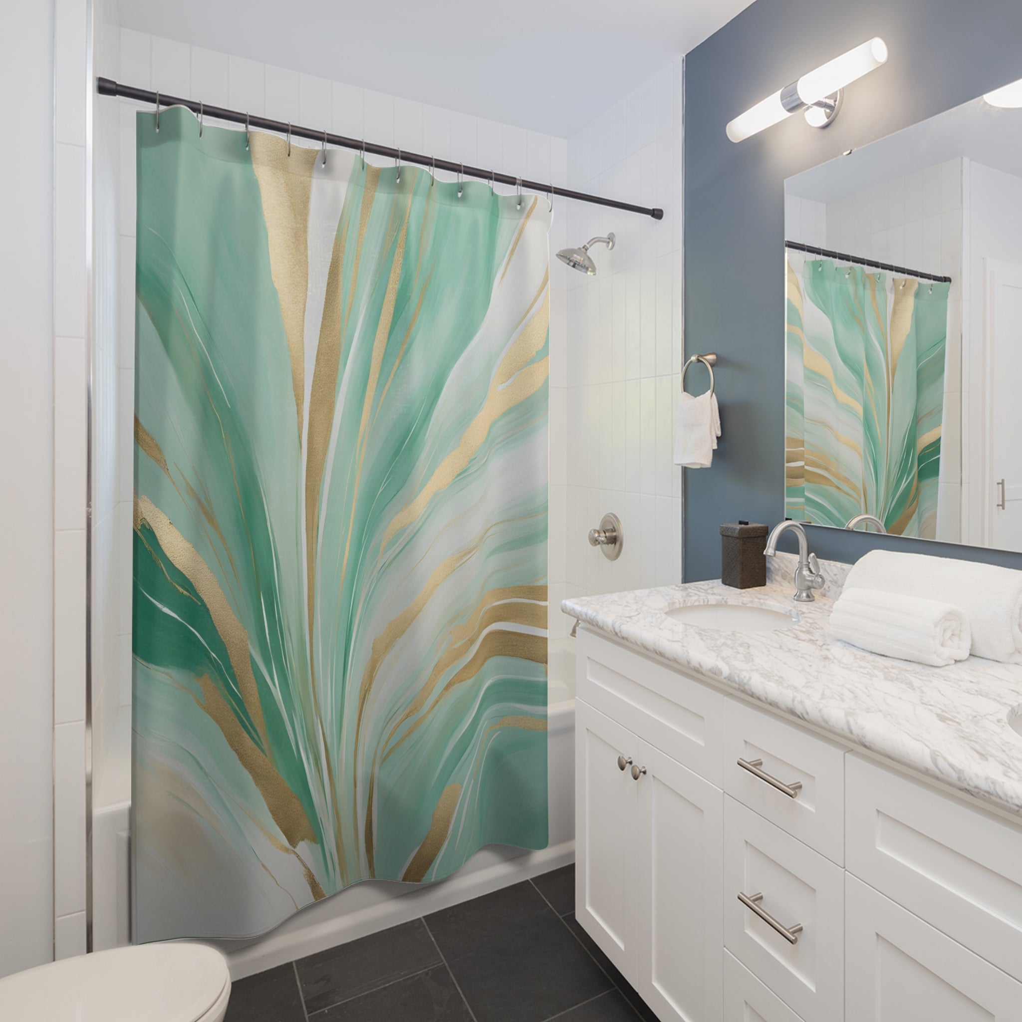 Boho Abstract Shower Curtain | Mint Sage Green, Muted Gold