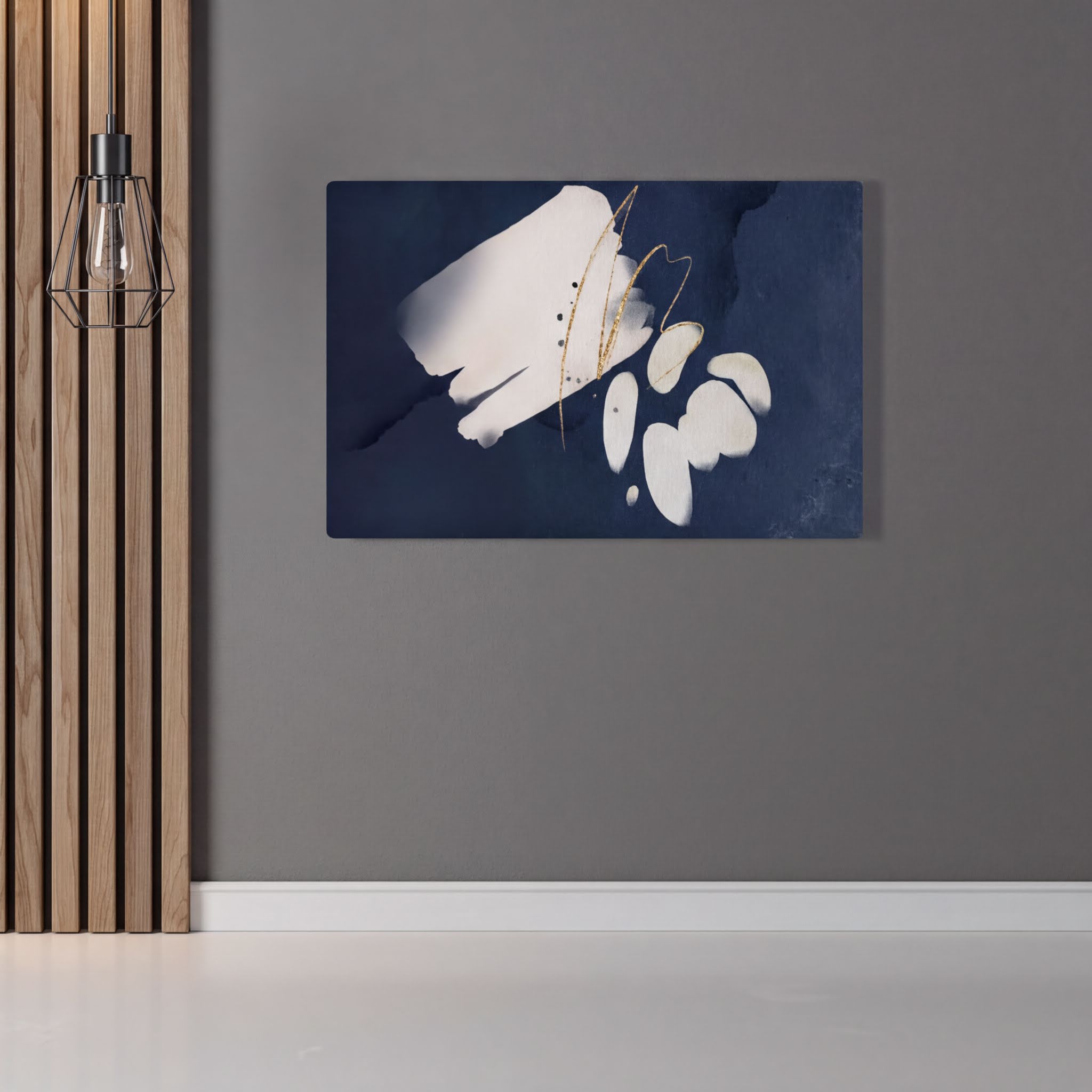 Navy blue, cream and white abstract wall canvas art, full canvas view