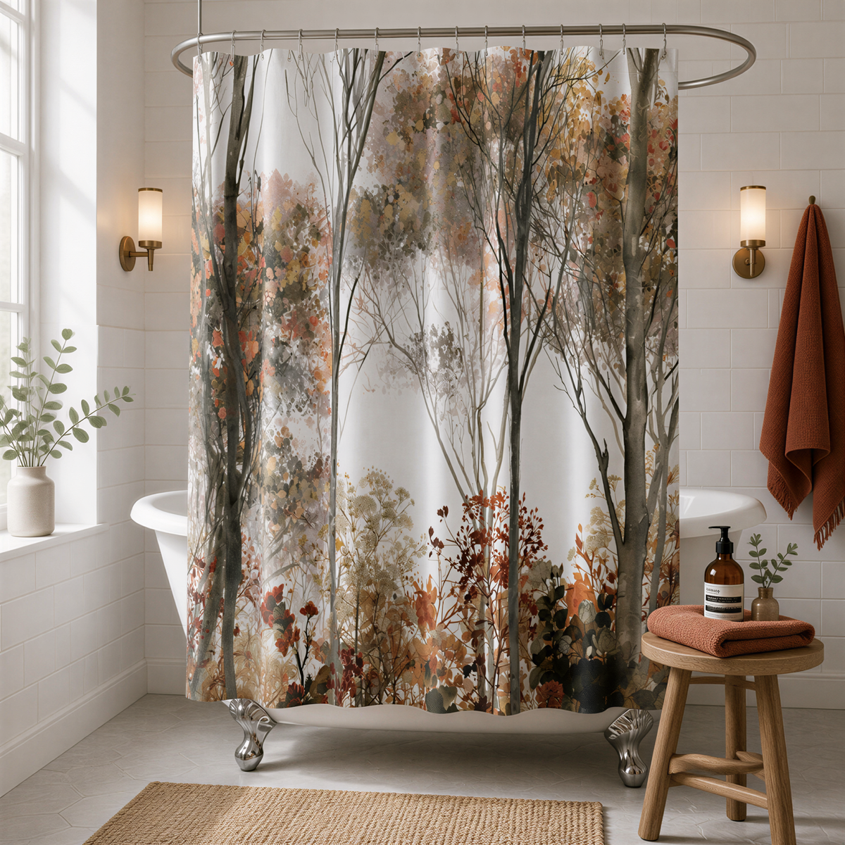 a bathroom with a white bathtub, a shower curtain featuring a forest scene, and a wooden stool.