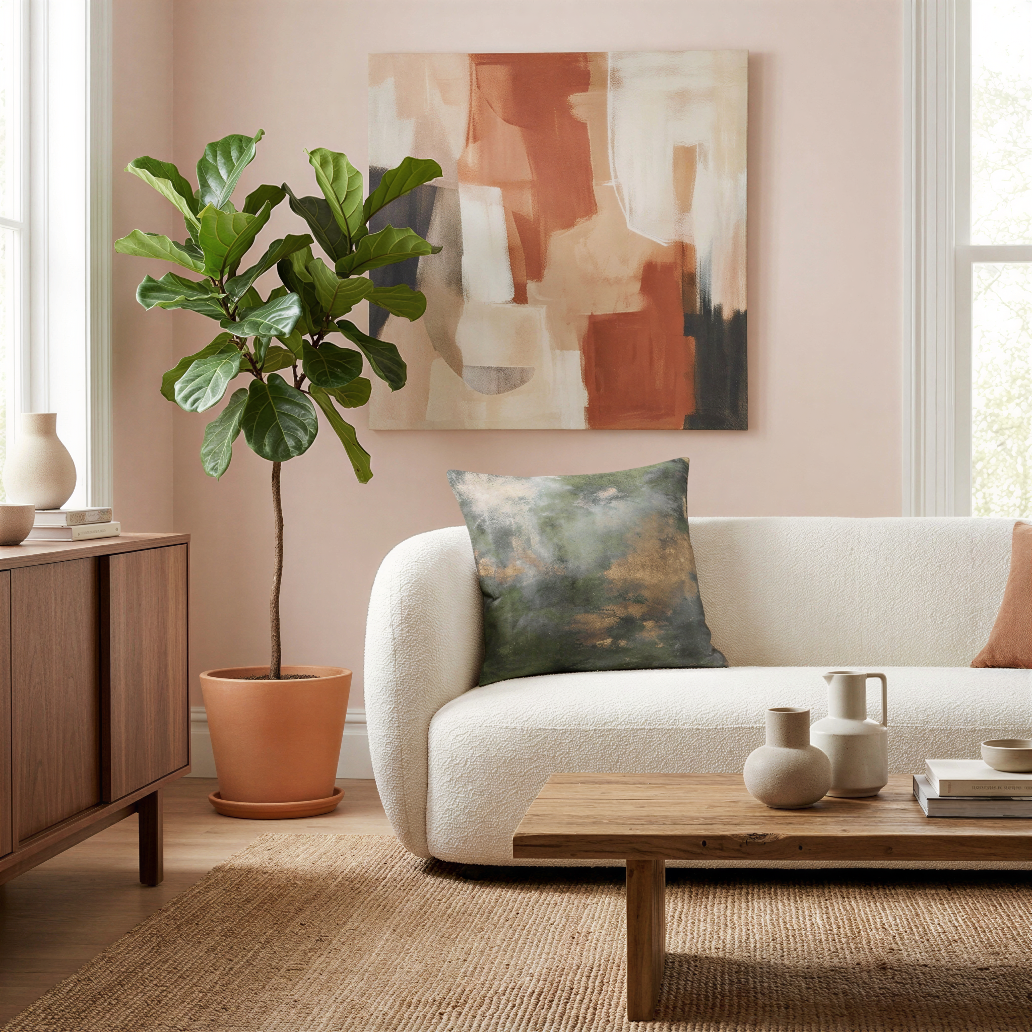 a cozy living room with a white sofa, a wooden coffee table, and a potted plant. The walls are painted in a light peach color, and there is a large abstract painting hanging above the sofa. The room also features a window and a wooden cabinet.