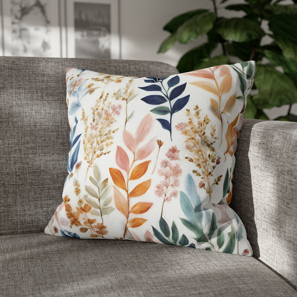 Boho Floral Throw Pillow Cover | White Blue Beige Leaves