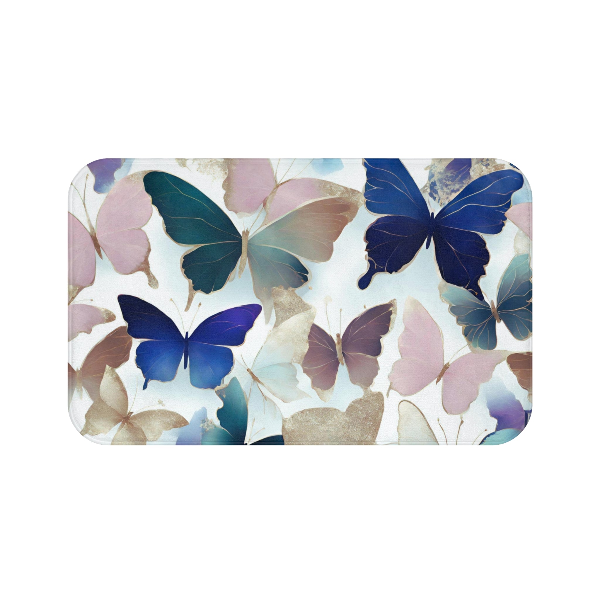 Boho Butterflies Bath, Kitchen Mat | Blue Pink, Muted Gold Beige, Colorful