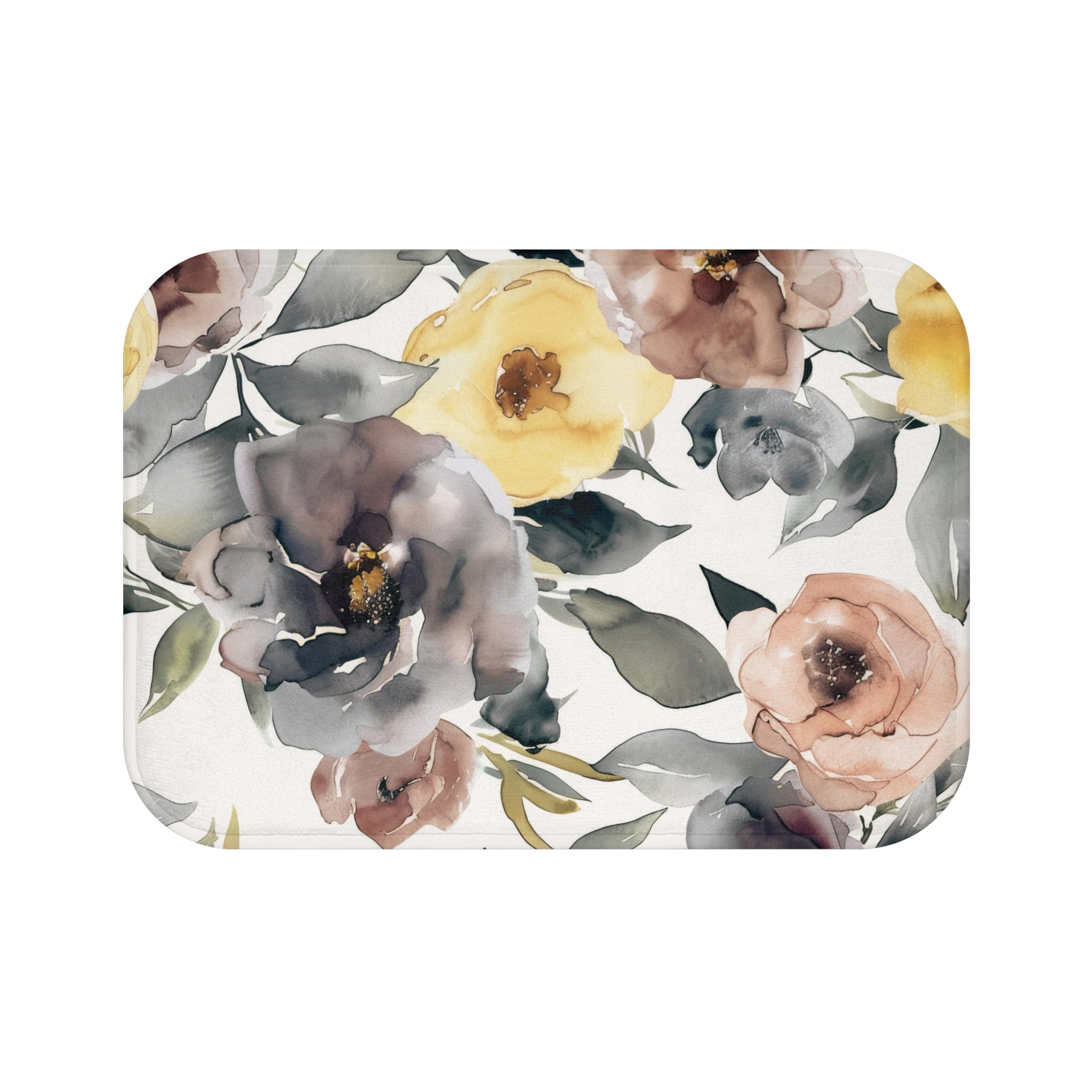 Boho Kitchen, Bath Mat | Floral Grey, Peach Yellow Roses Floor Mat