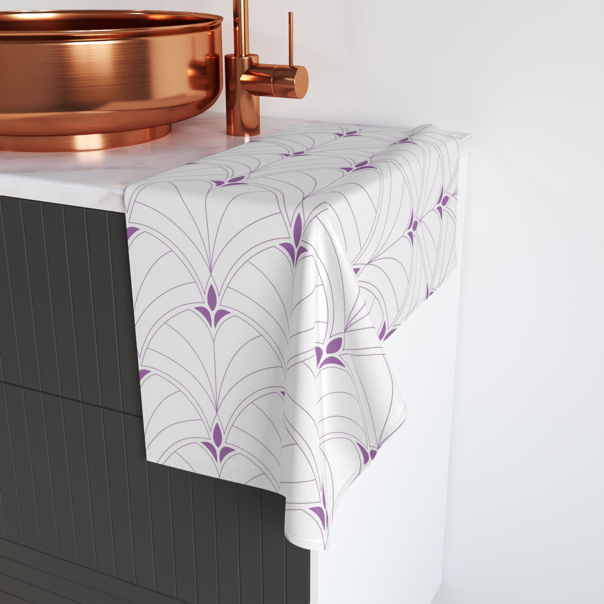 Boho Kitchen, Bath Hand Towel | Art Deco White Lavender Purple