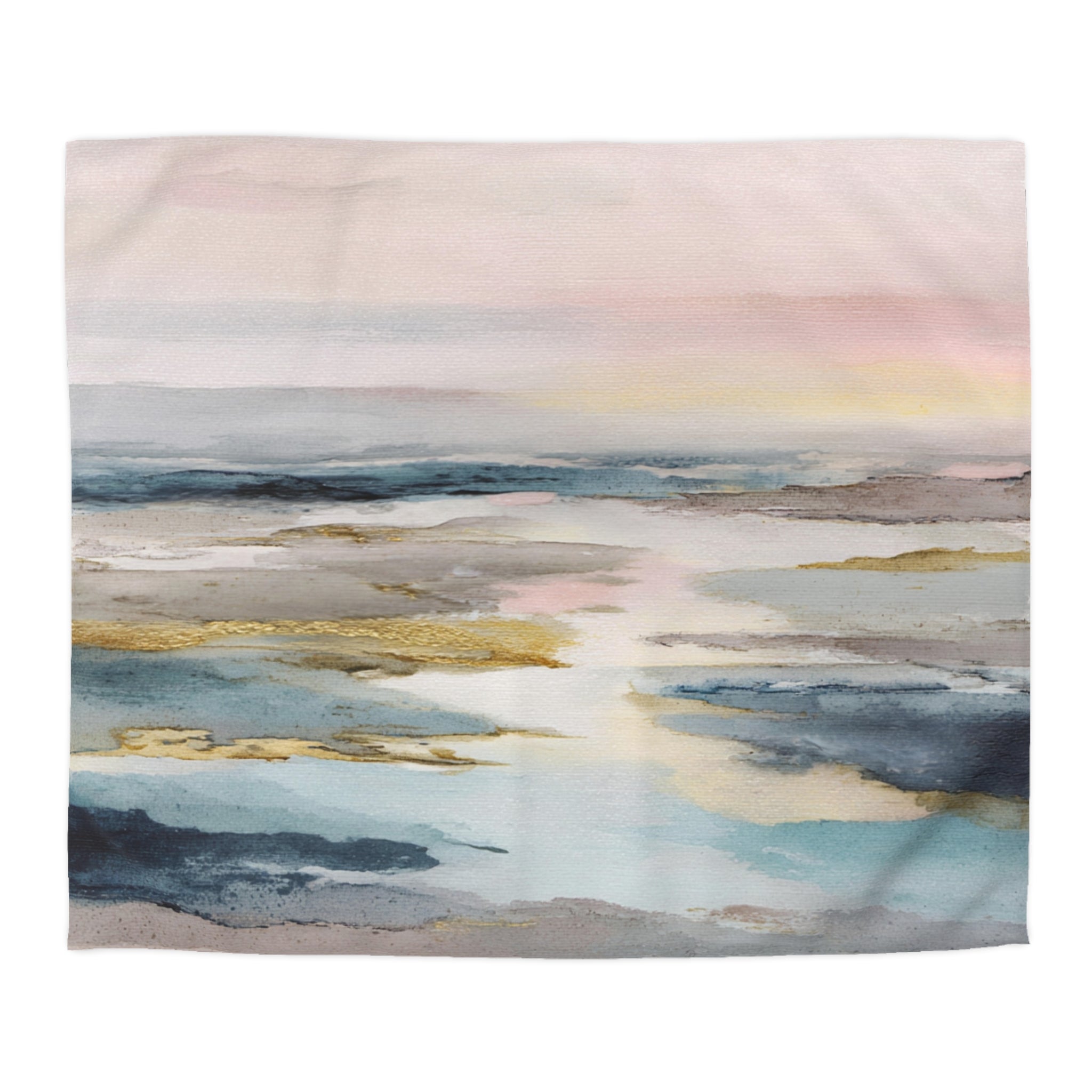 The image is a watercolor painting depicting a serene landscape with a body of water and a sky filled with soft, pastel colors.