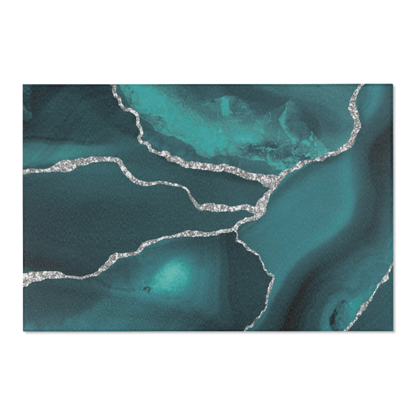 Abstract Large Area Rug | Sea Green, Silver Marble Print