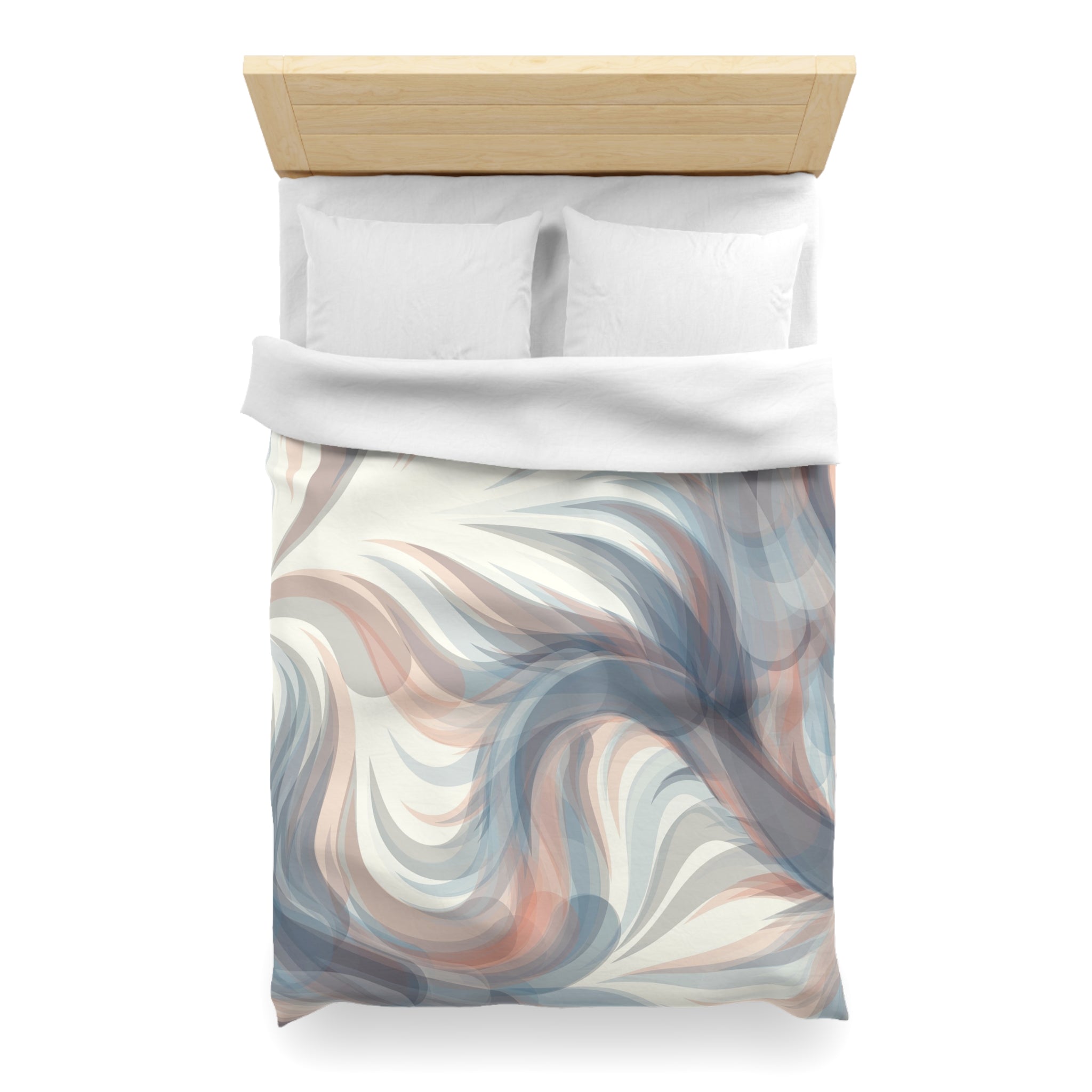 a neatly made bed with a white comforter and pillows. The bed has a wooden headboard and a colorful abstract pattern on the comforter.