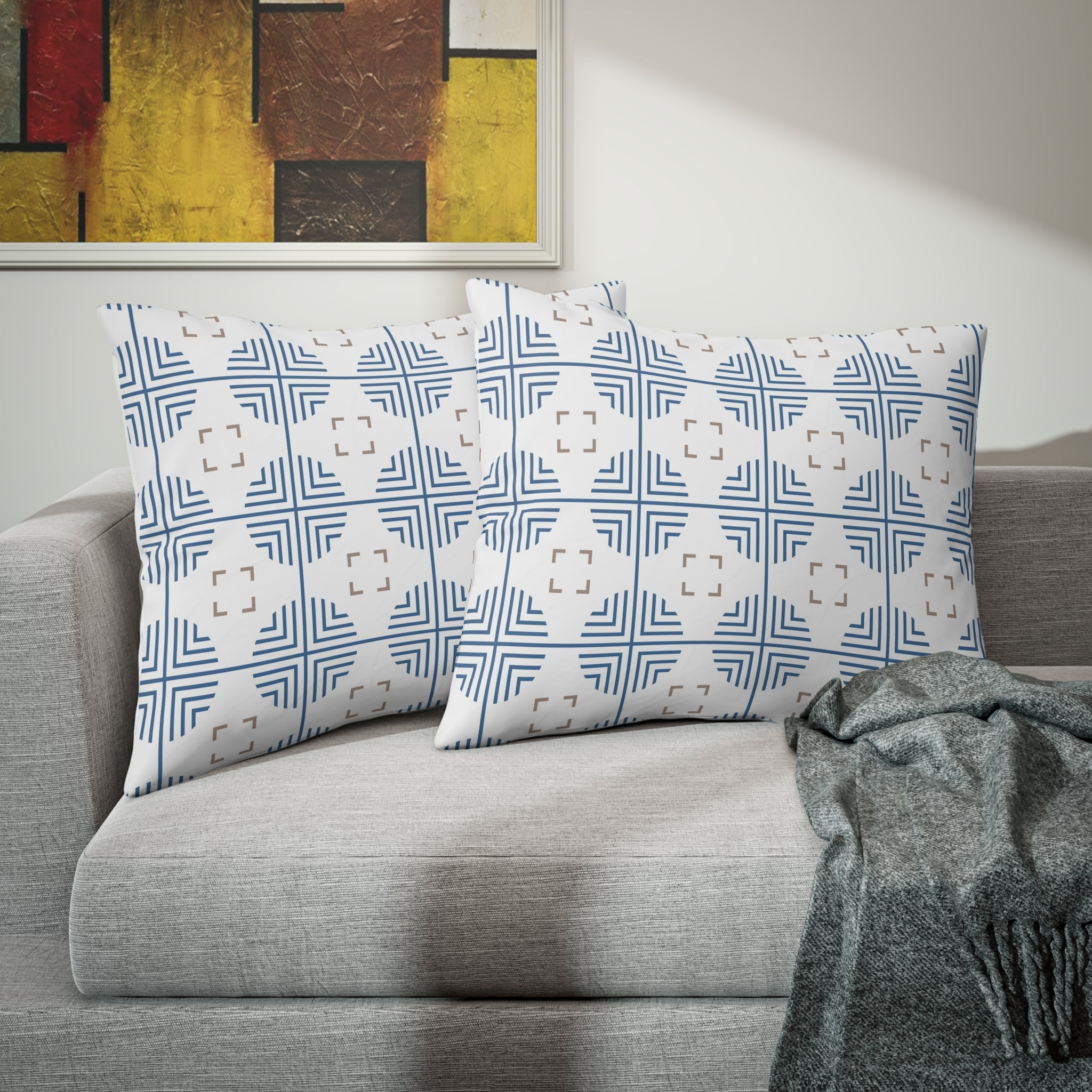 Retro Bedding Pillow Sham | Art Deco Blue, White, Beige