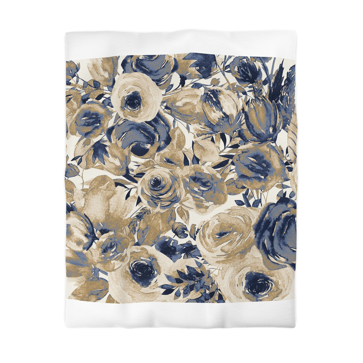 a floral pattern with various shades of blue and beige flowers, including roses and other blooms, arranged in a visually appealing manner.