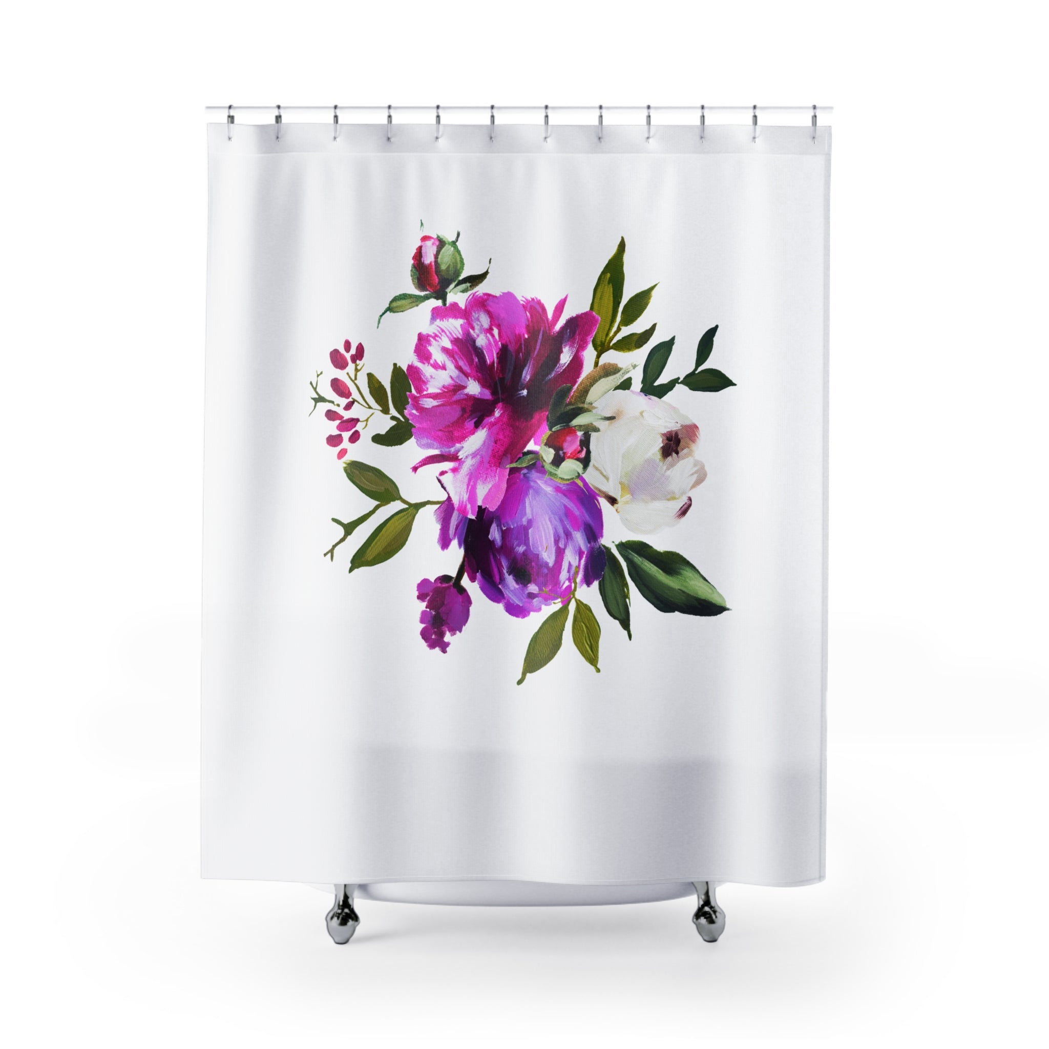 Modern Floral Shower Curtain | Pink Purple, Green Botanical