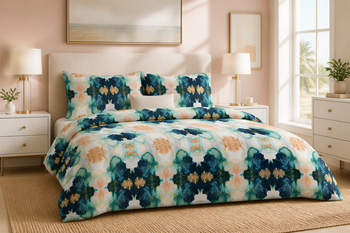 a bedroom with a large bed covered in a colorful, patterned comforter. The bed is flanked by two nightstands with lamps, and there is a window nearby. The walls are painted in a light peach color, and there are some plants in the room.