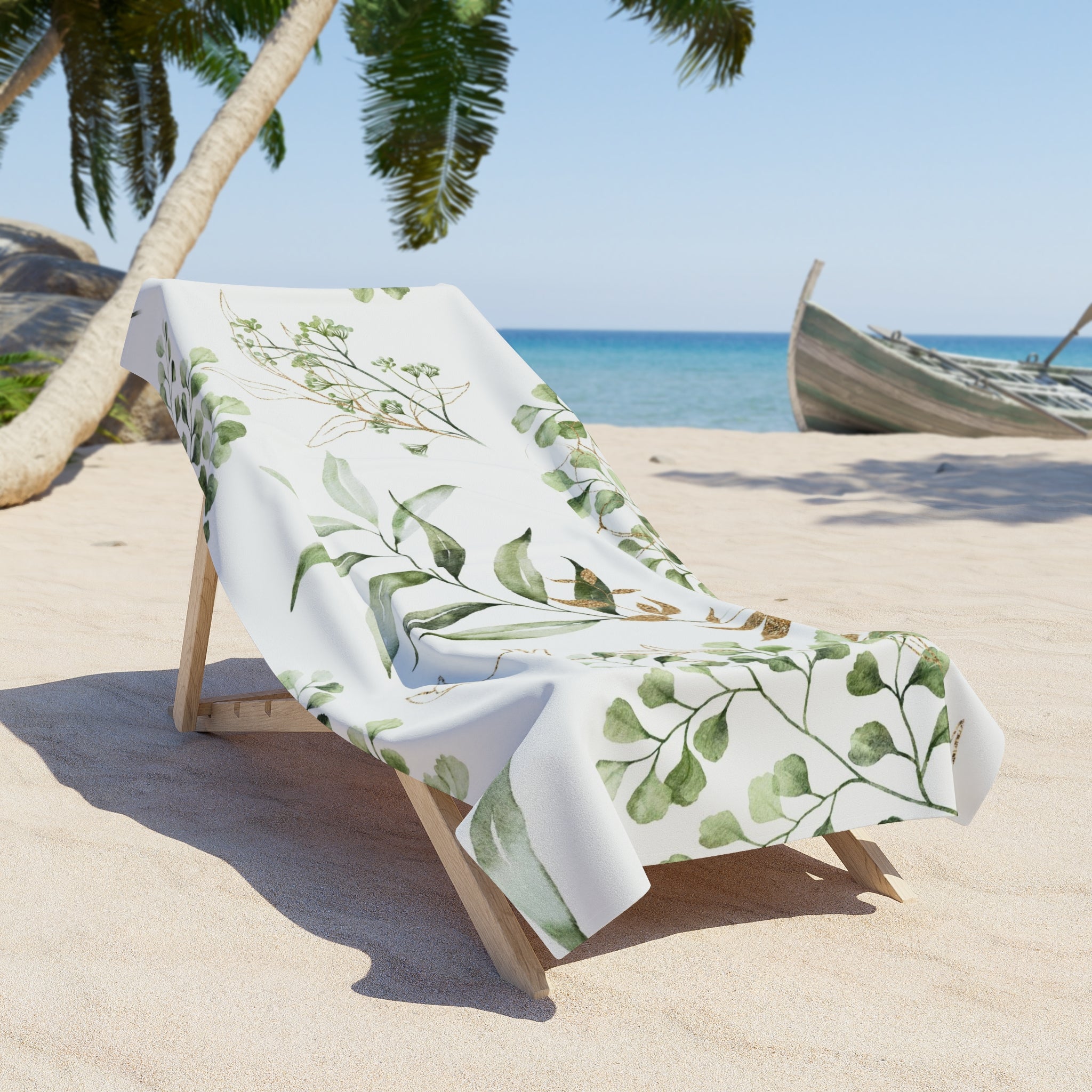 Floral Bath Beach Towel | White Sage Green Leaves