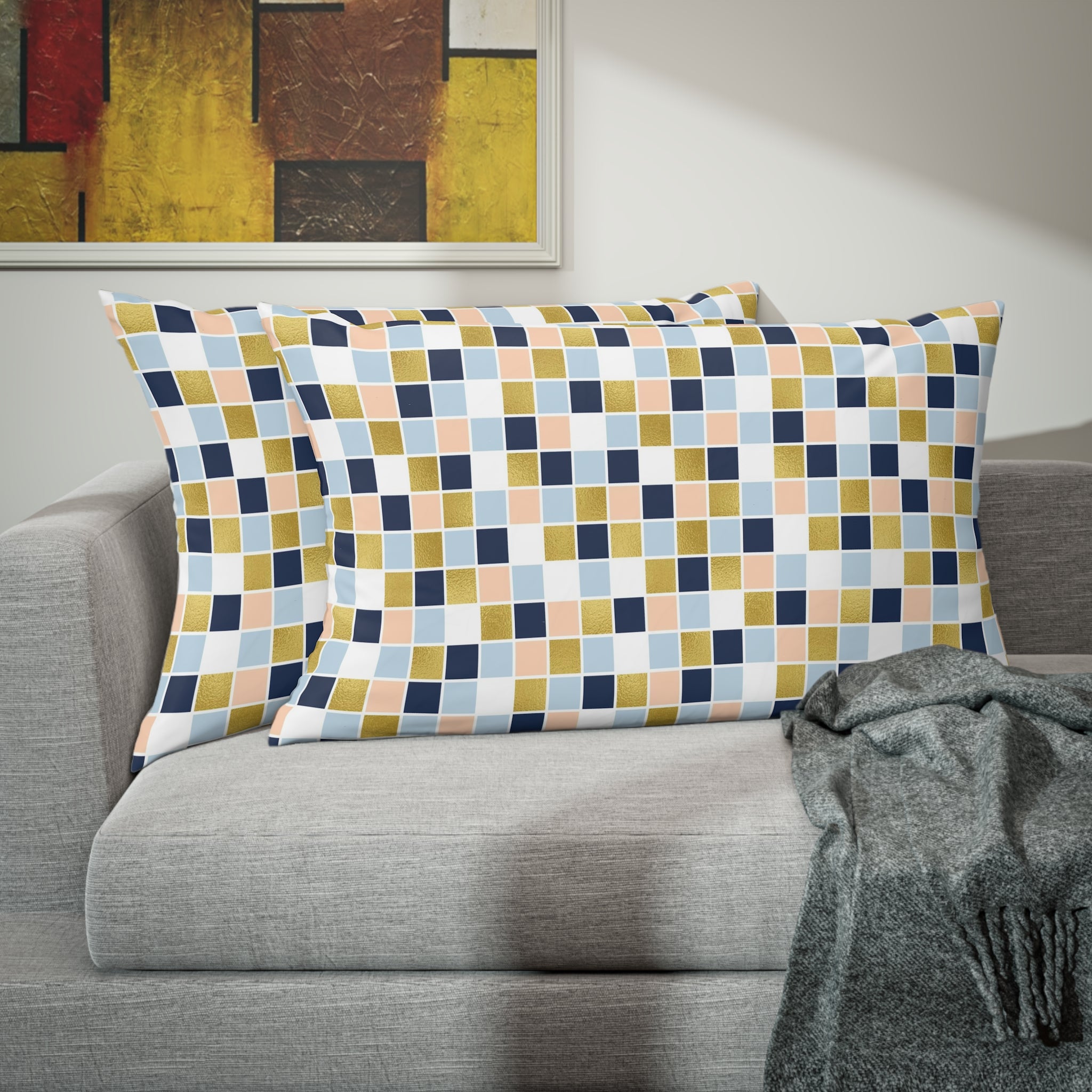 Bedding Pillow Sham | Beige Navy Blue, White Geometric, Checkered