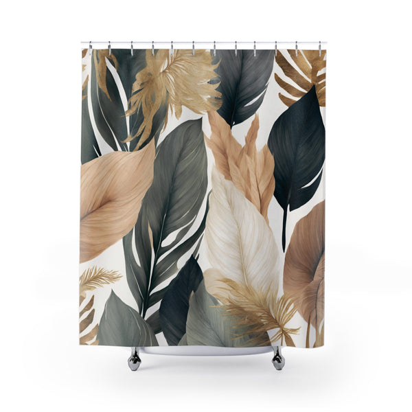Boho Floral Shower Curtain | Taupe Beige, Ivory Grey, Black Leaves