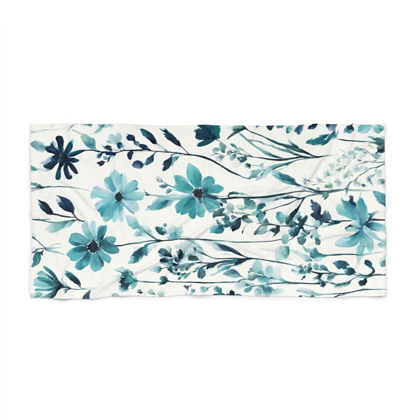 Floral Bath Towel | Teal Green, Blue Wildflowers