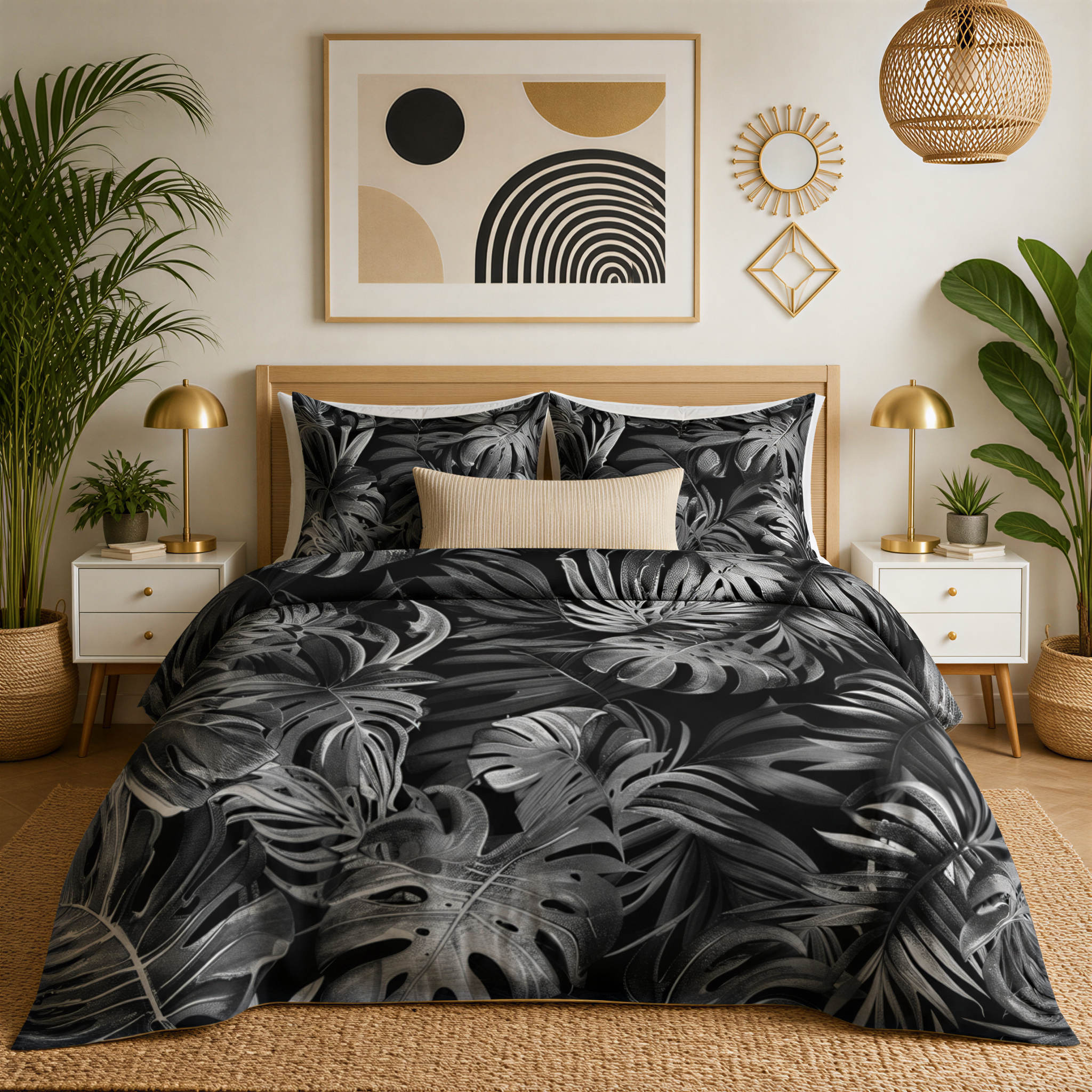 a bedroom with a large bed adorned with a black and white tropical leaf pattern duvet cover. The bed is flanked by two nightstands, each with a lamp, and is set against a backdrop of a white wall with a framed abstract artwork. The room is further decorated with potted plants and a woven light fixture, creating a cozy and stylish atmosphere.